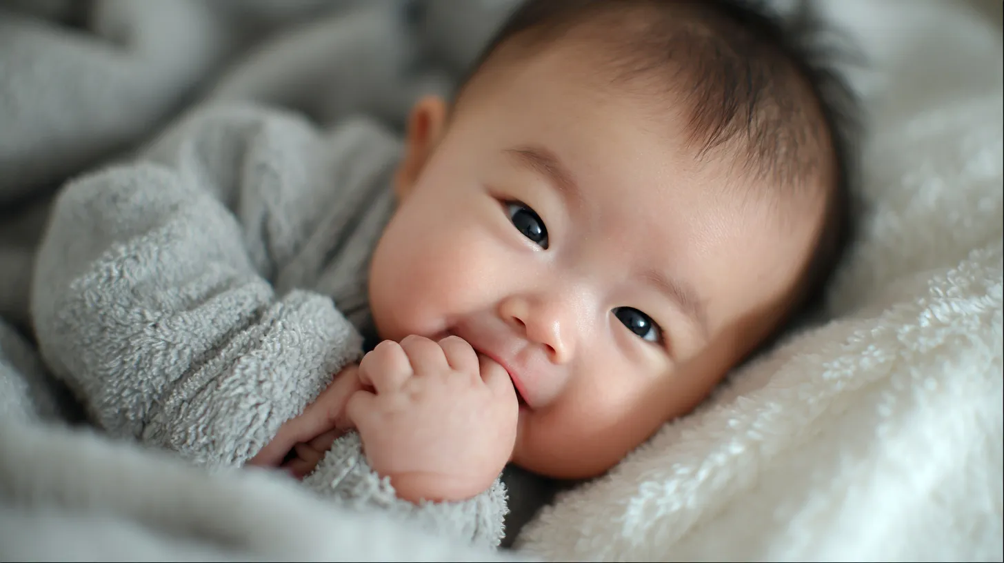 Cute Korean newborn baby teething and biting hand on a cozy blanket in a softly lit nursery.