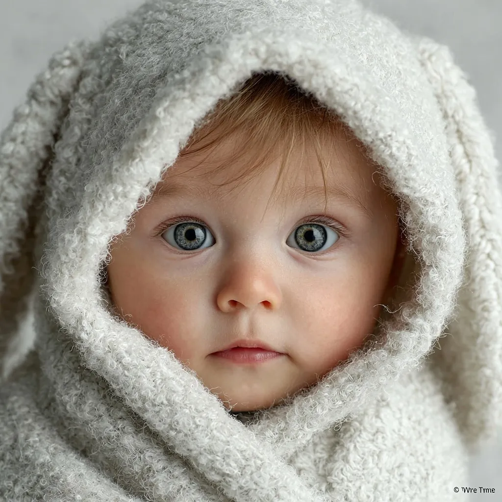 A realistic cute baby wrapped in a soft white blanket, high-quality AI-generated photography.