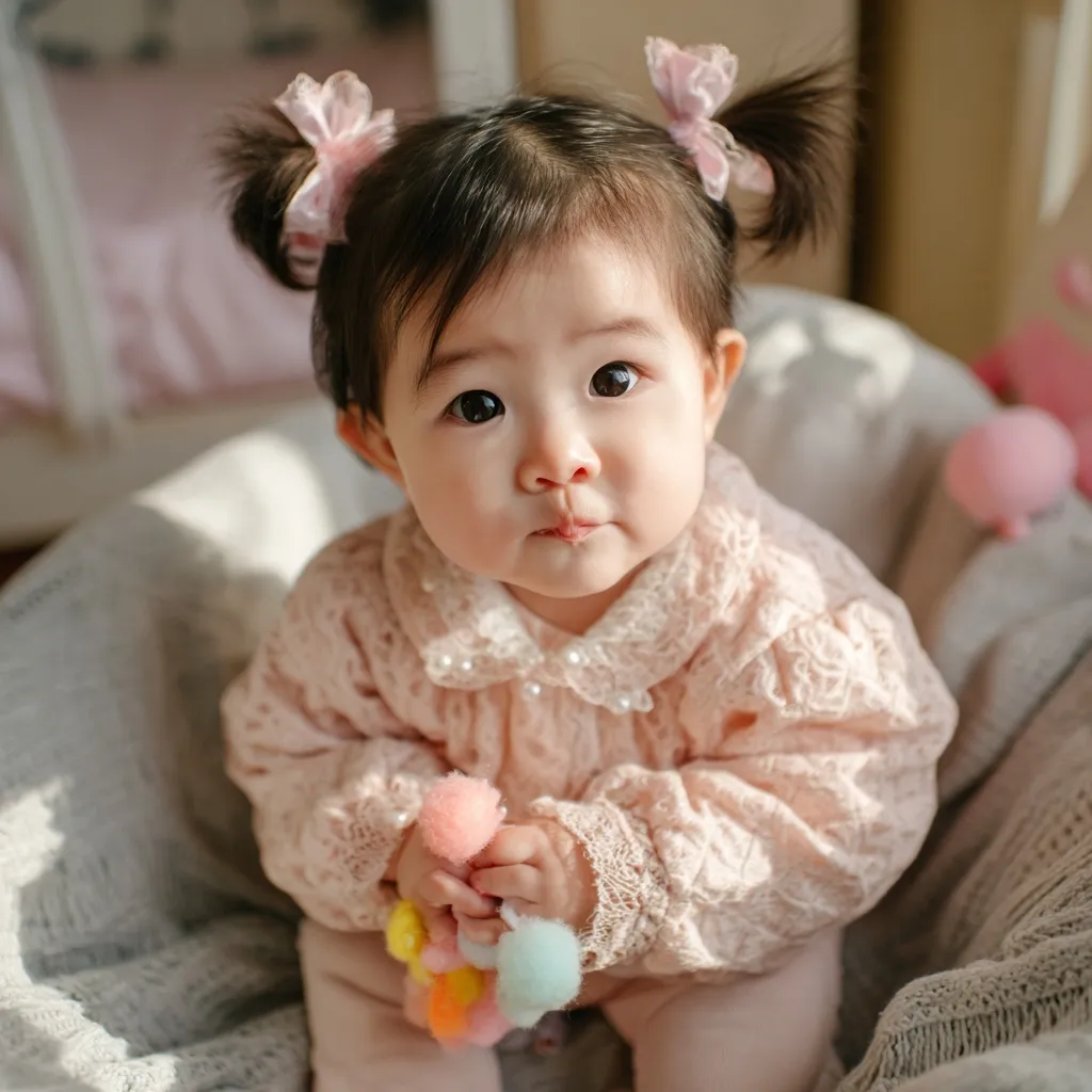 A cute 7-month-old Chinese baby girl with pigtails in a pink lace romper sitting in a sunlit room, holding a flower.