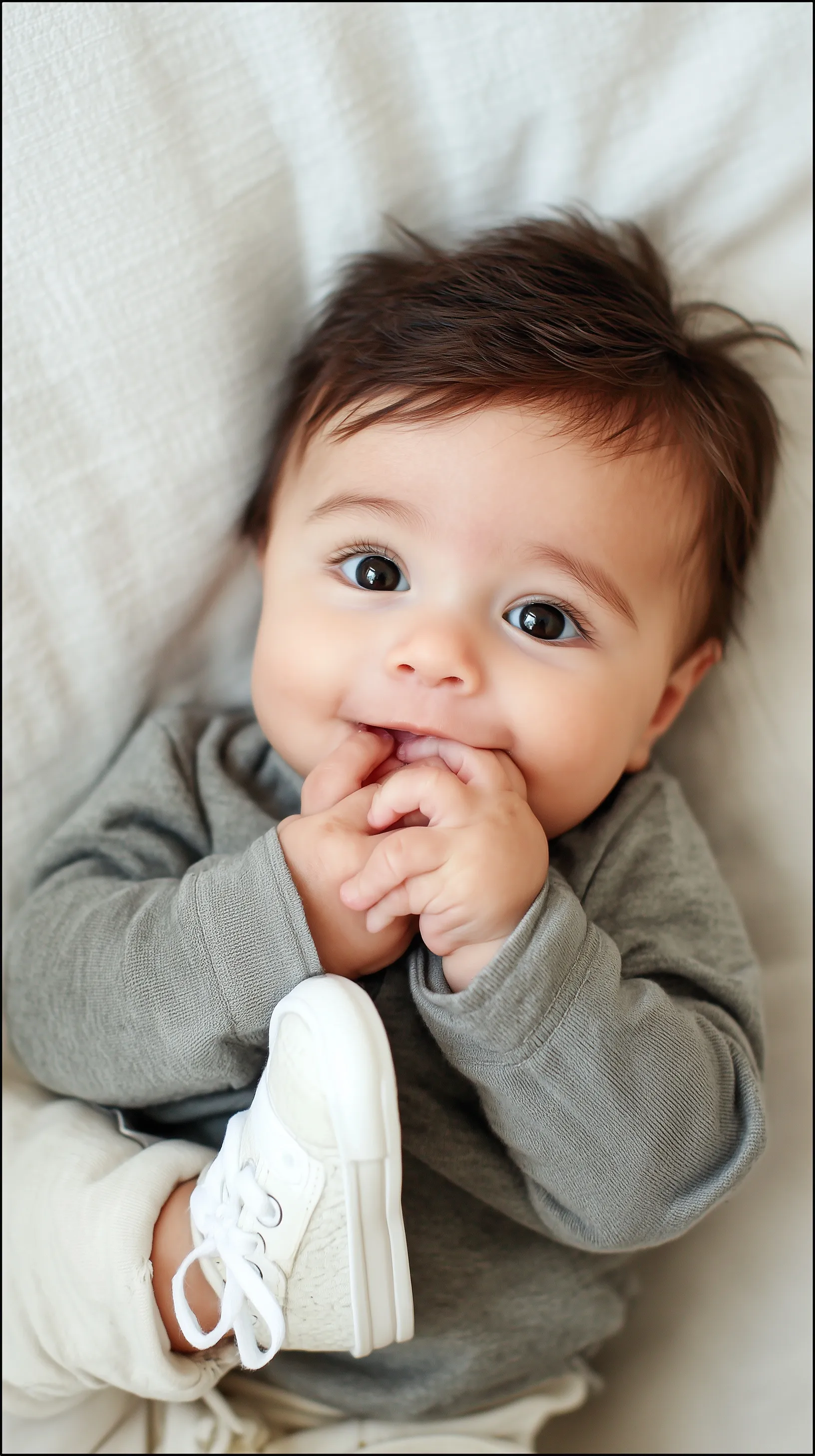 A cute 4-month-old AI baby with dark brown hair lying on his back and playing with his foot.