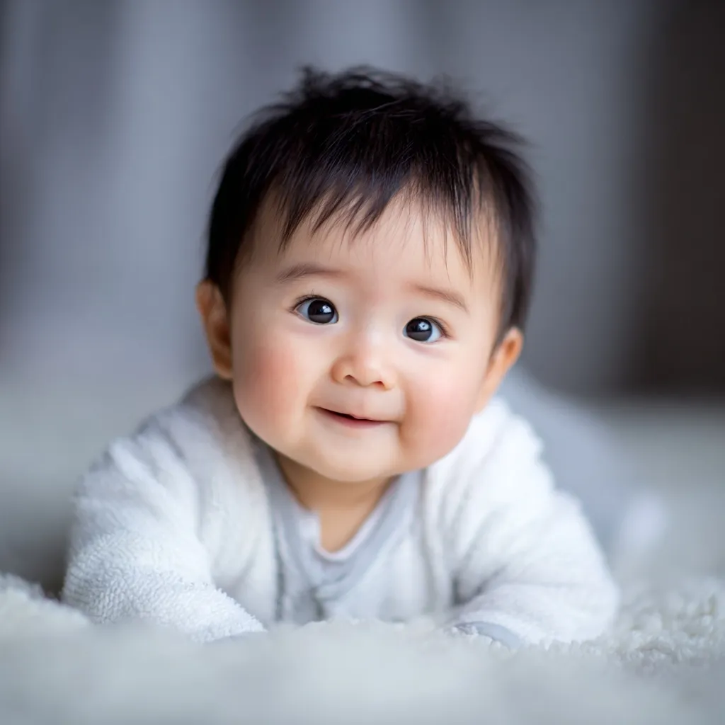 A cute 6-month-old Japanese baby with chubby cheeks and brown eyes smiling on a soft blanket, realistic portrait.
