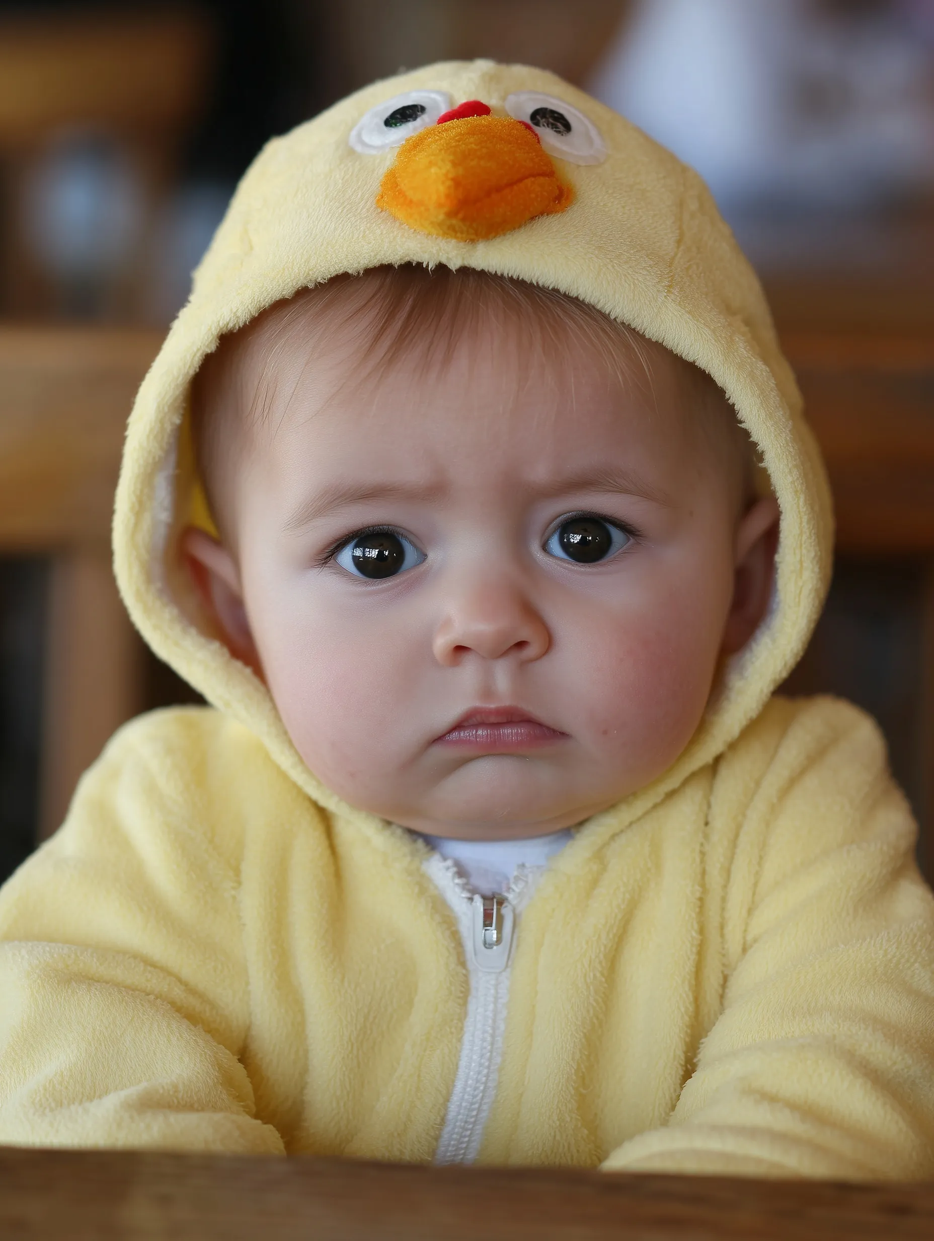 A cute, angry baby in a yellow chick costume frowning at broccoli in a kitchen setting.