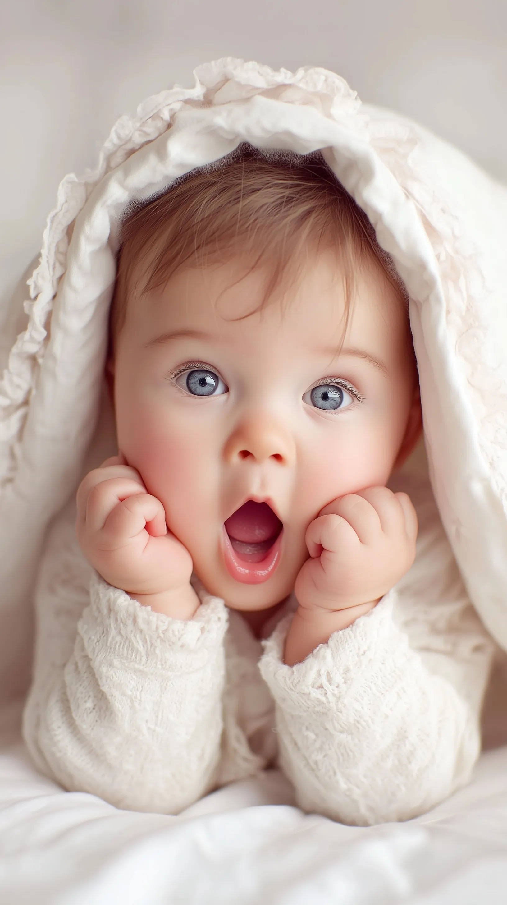A funny AI-generated baby resting its face on its fists while sitting in a cozy bed.