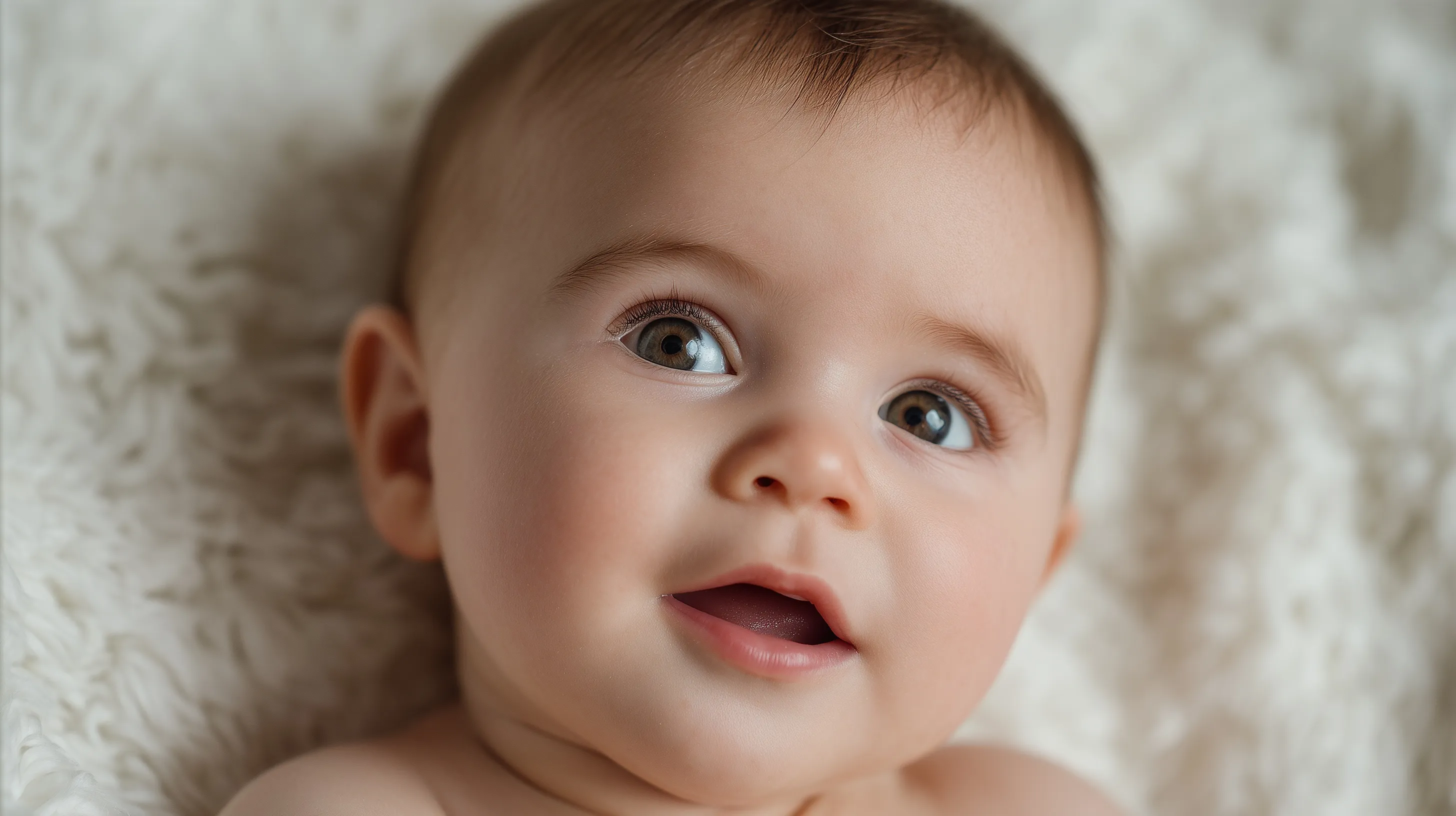 A close-up studio portrait of a cute baby with a surprised expression, captured in soft, natural daylight.