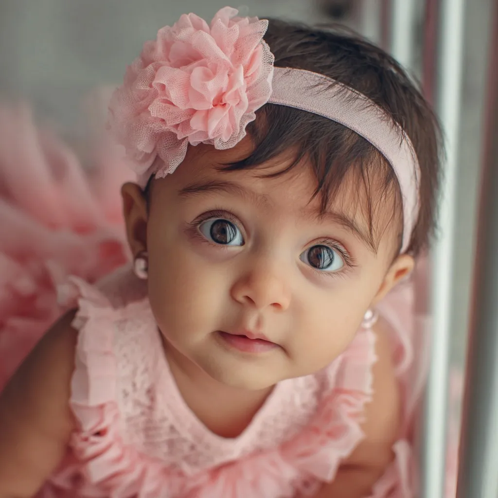 A cute AI-generated baby girl with expressive eyes and a sweet smile, high-quality digital portrait.