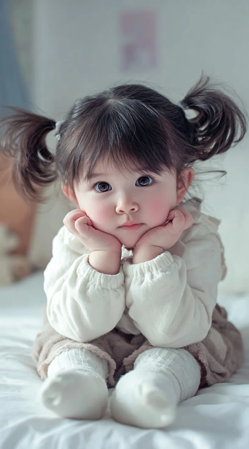 A cute baby girl with double ponytails and big eyes lying on a bed in a soft, kawaii-style photo-realistic portrait.