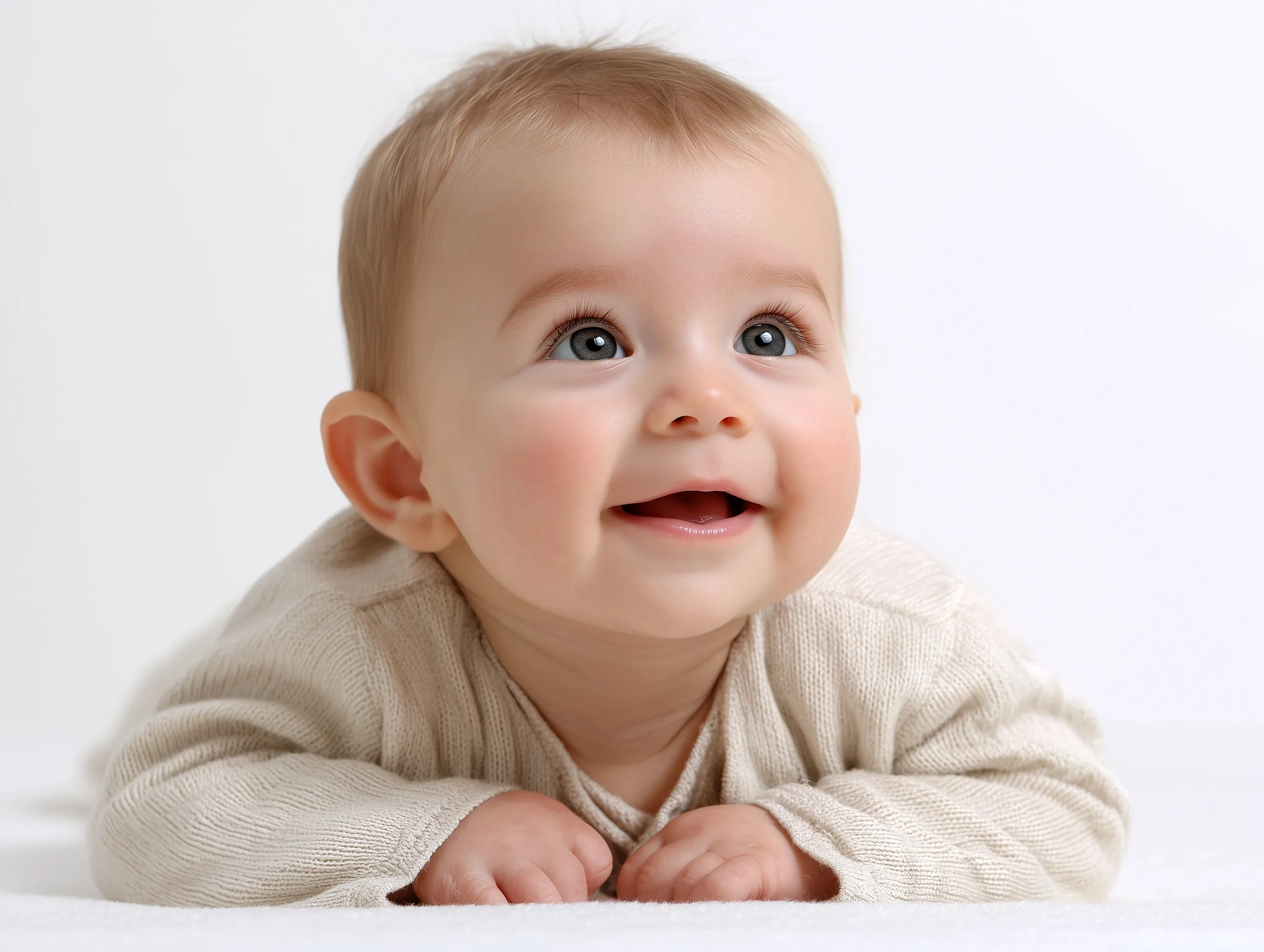 A cute 8-month-old baby with blonde hair smiling while lying on their stomach against a plain white background.