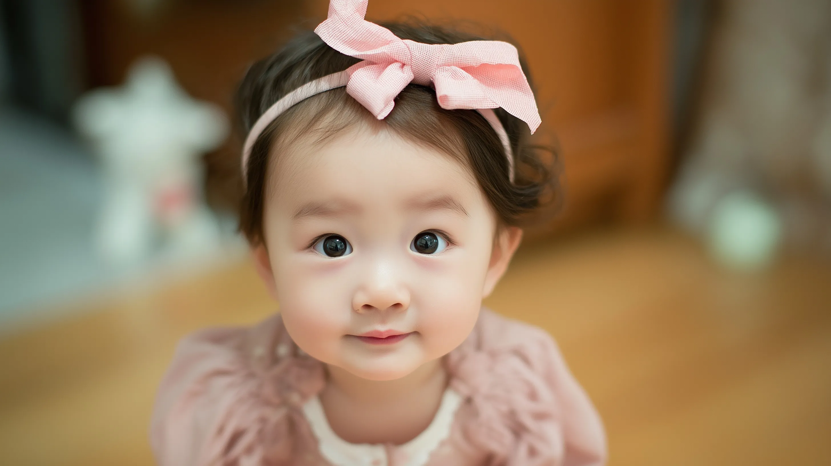 A cute 12-month-old Korean baby looking directly at the camera, high-quality AI-generated portrait.