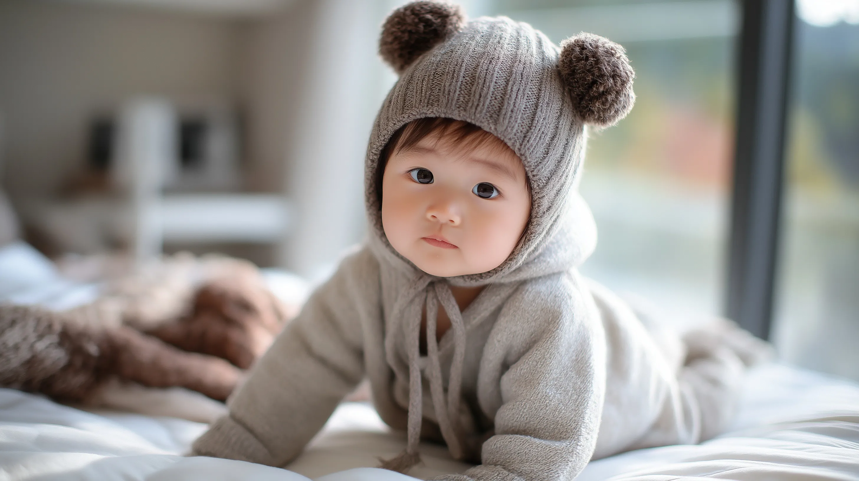 Cute baby wearing a soft brown knit beanie hat, close-fitting design, high-quality AI-generated portrait.