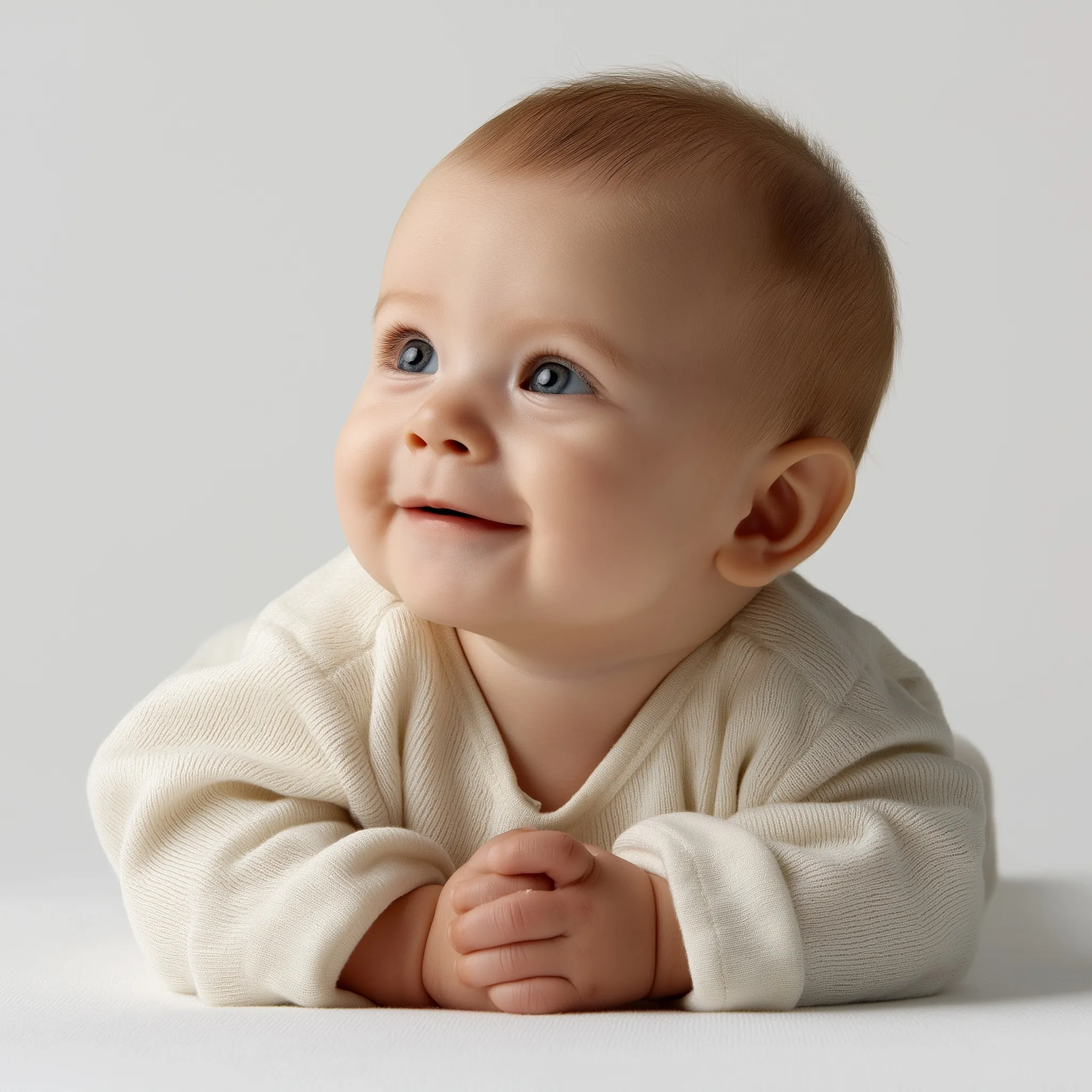 A cute 8-month-old baby with blonde hair smiling while lying on their stomach against a plain white background.