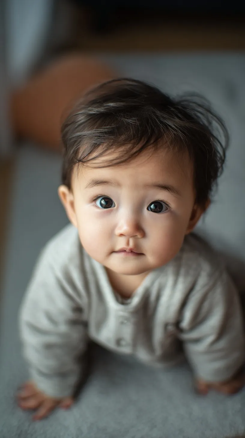 Photorealistic close-up of a 1-year-old Japanese baby with calm, intelligent eyes on a soft grey playmat.