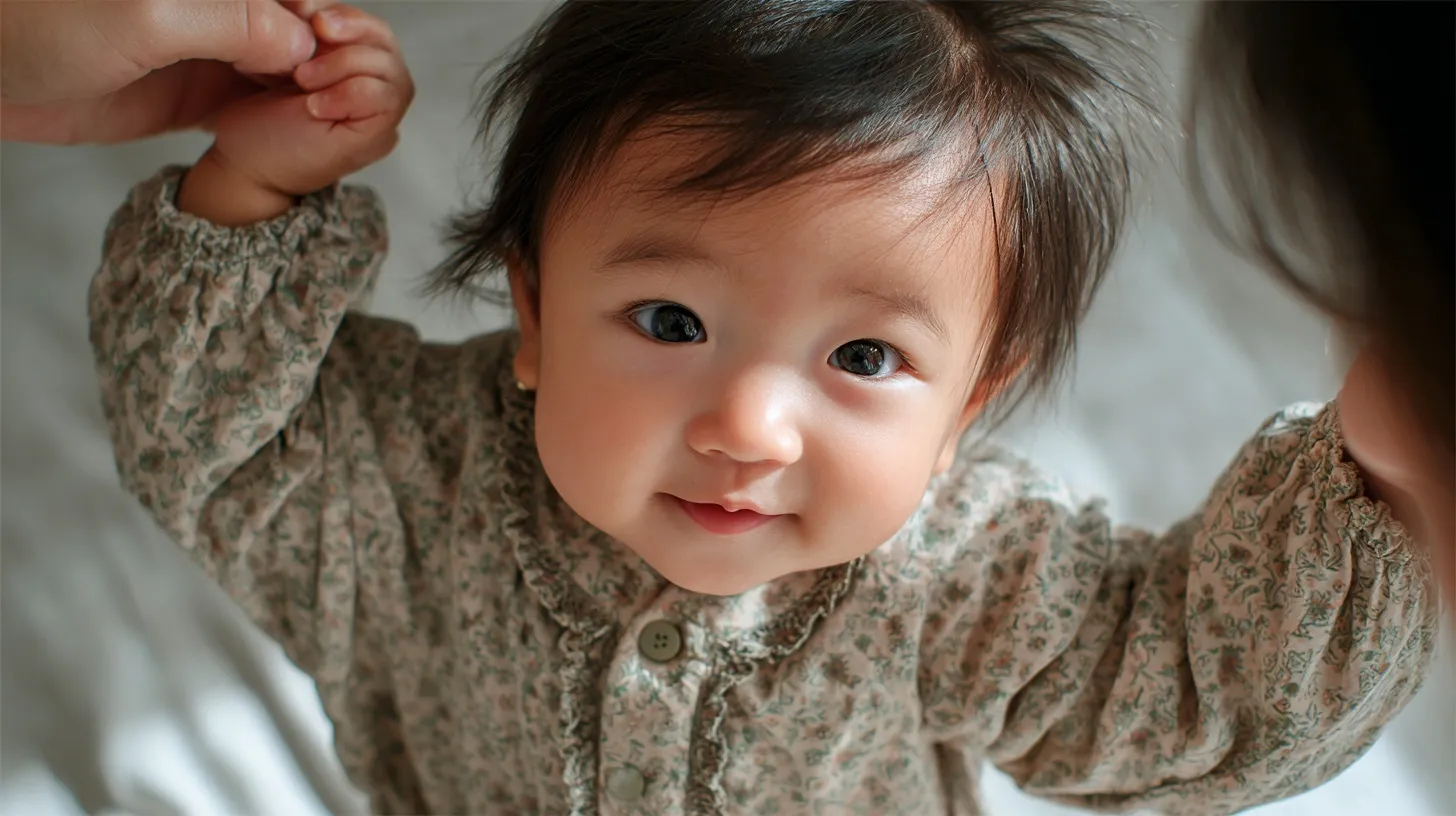 Close-up of an Asian baby in a soft cotton silk jumpsuit being hugged by her mother in warm natural window light.