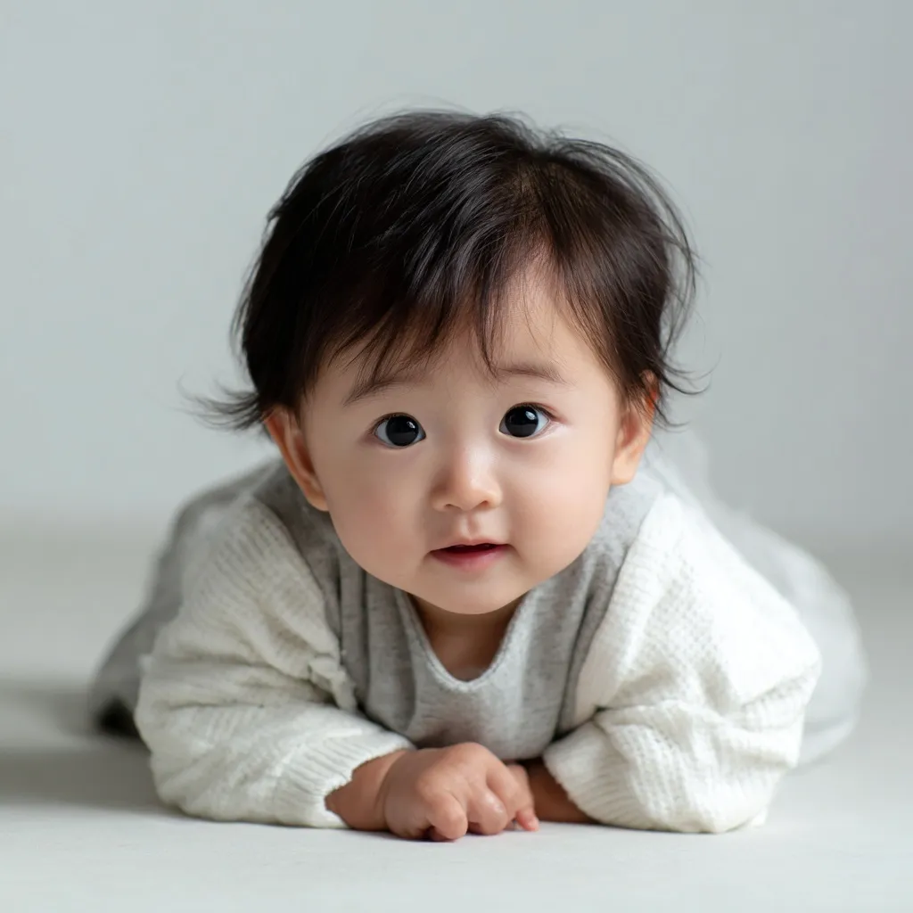 A cute Korean baby lying on a clean white background, high-quality realistic photography.