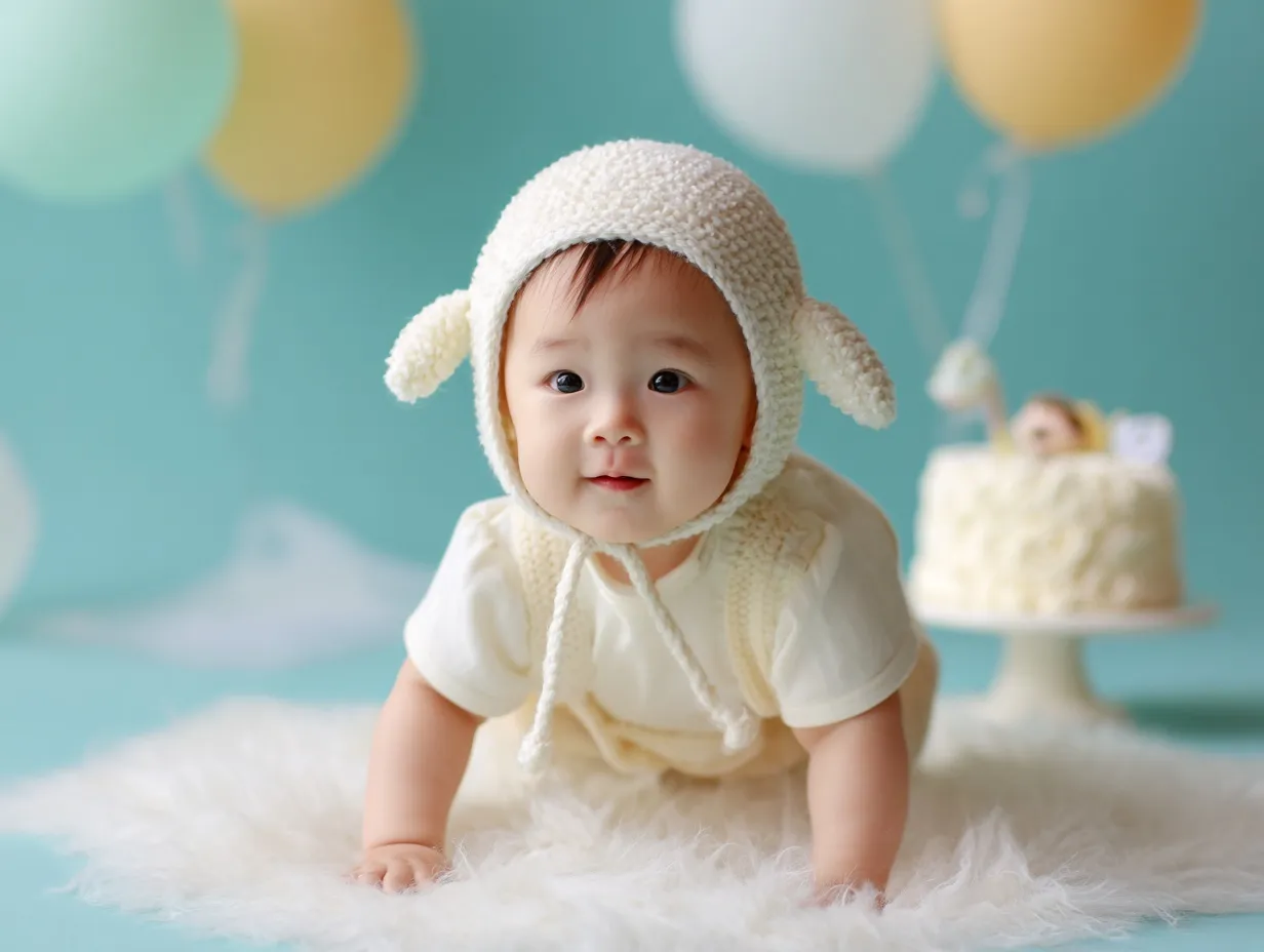 A cute Korean baby sitting with a birthday cake against a solid, fresh-colored background in a professional studio.