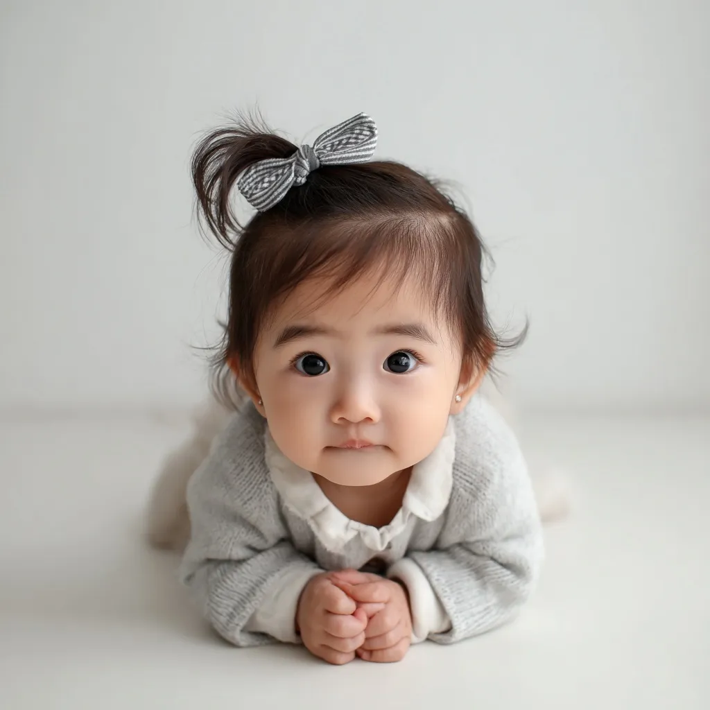 A beautiful Korean baby lying on a clean white background, captured in a high-quality, realistic style.