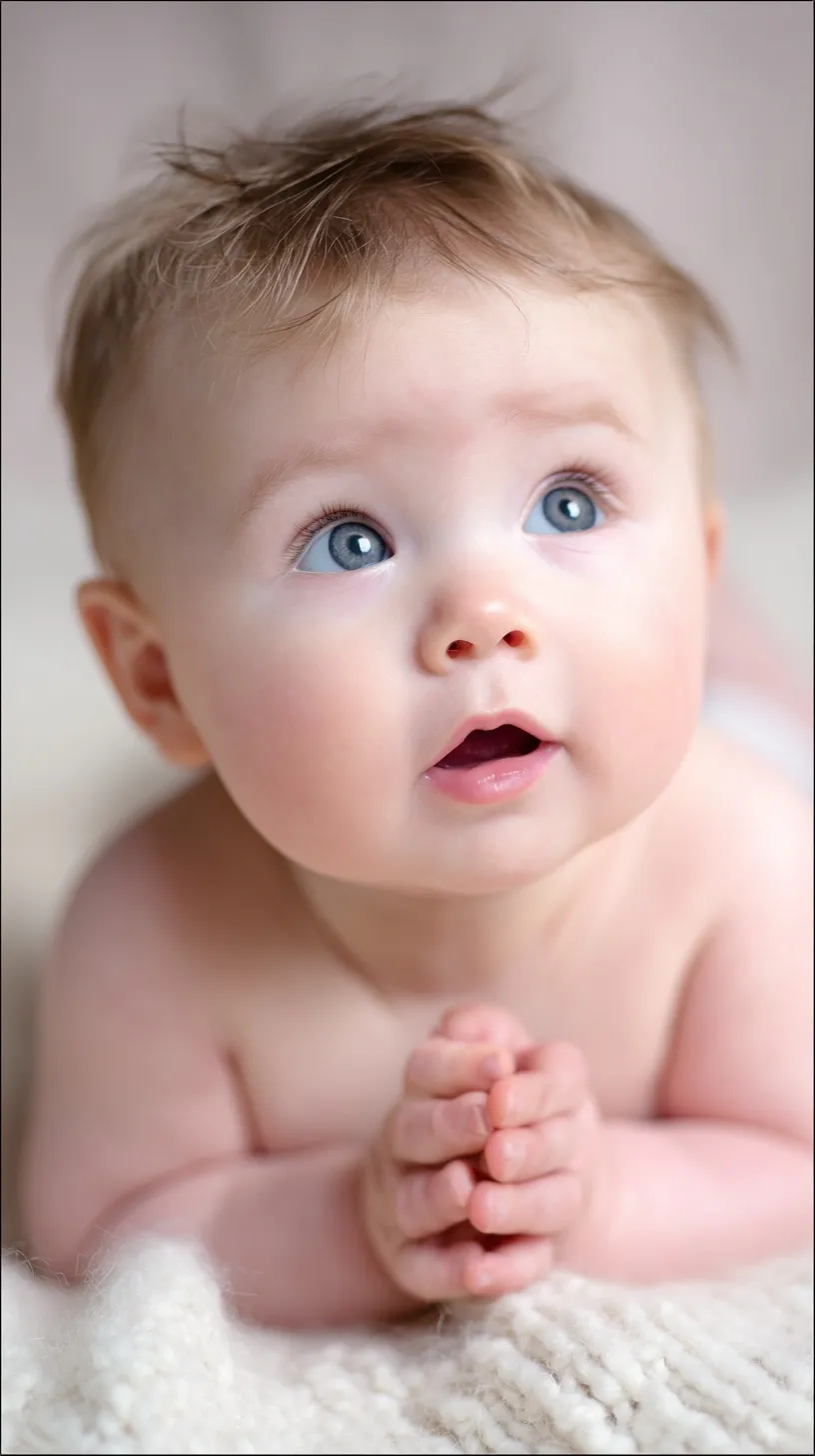 A 5-month-old Caucasian baby with slate blue eyes lying on a soft cream knit blanket in natural lighting.