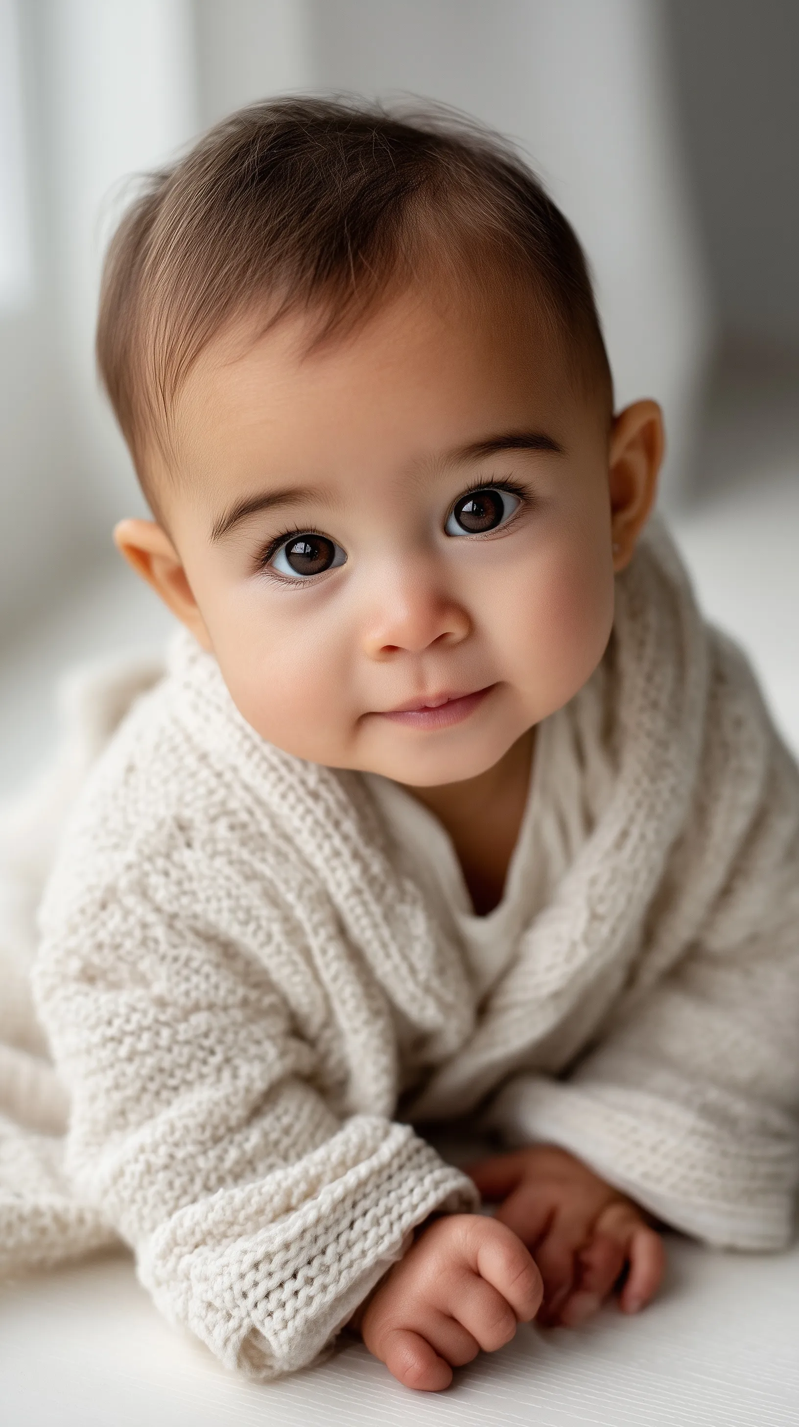 A cute AI baby in soft knitted clothes, captured in a dreamy, airy studio environment with soft lighting.