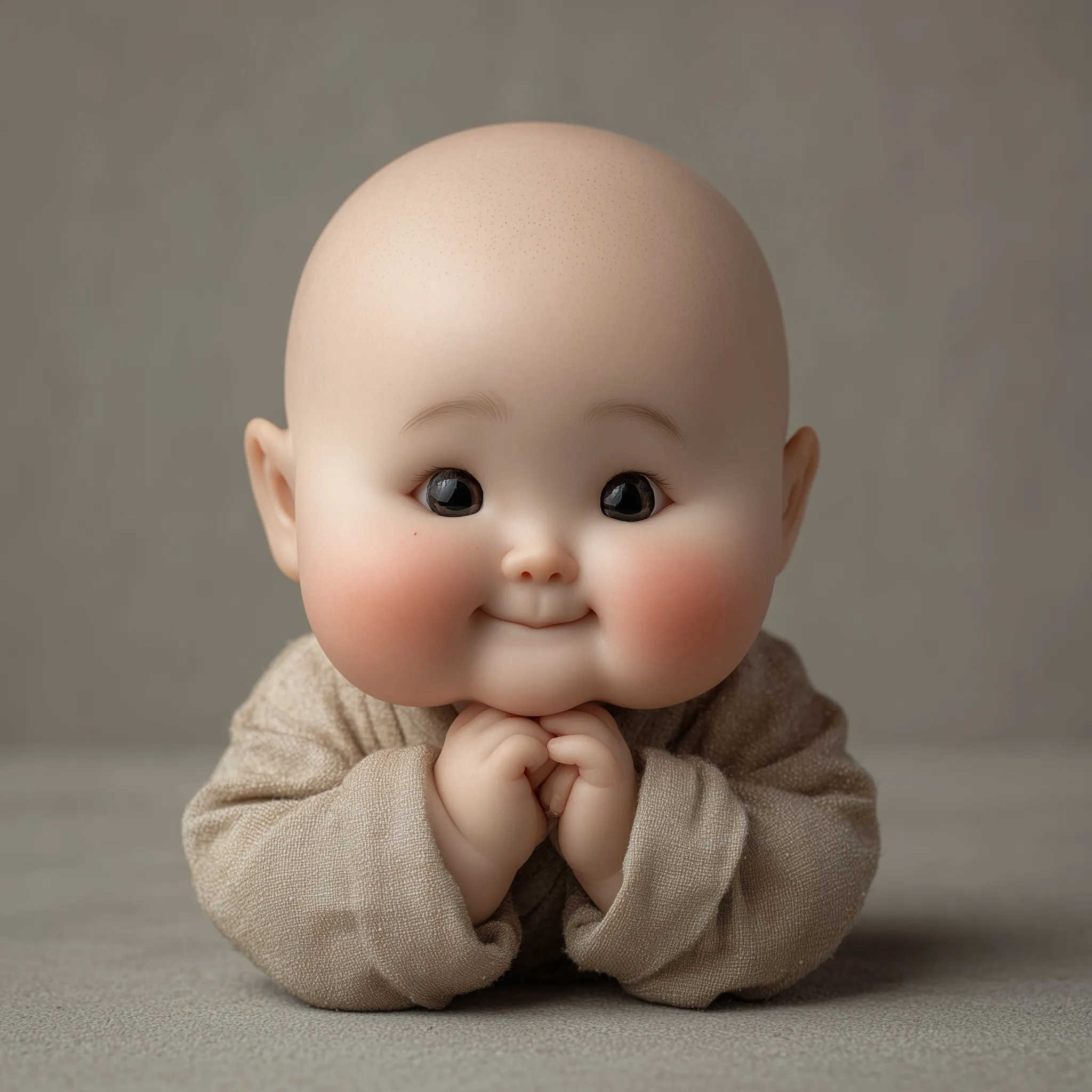 A realistic 1-year-old baby with a bald head and chubby cheeks, featuring an innocent expression in studio lighting.