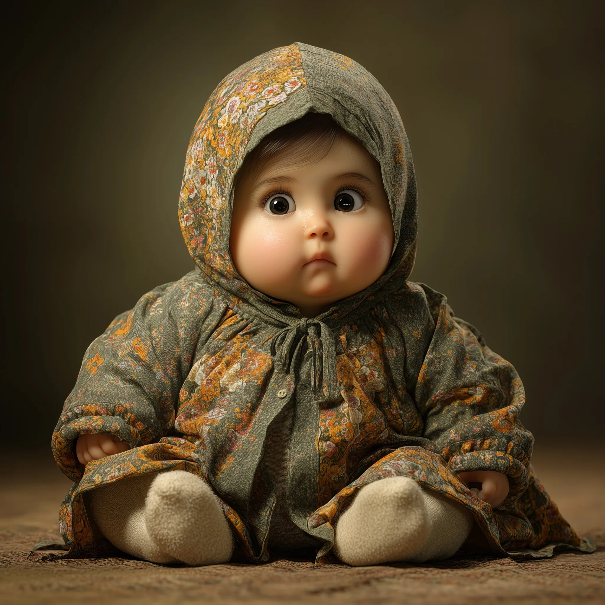 Photorealistic chubby baby sitting and looking at the camera in 4K high detail.