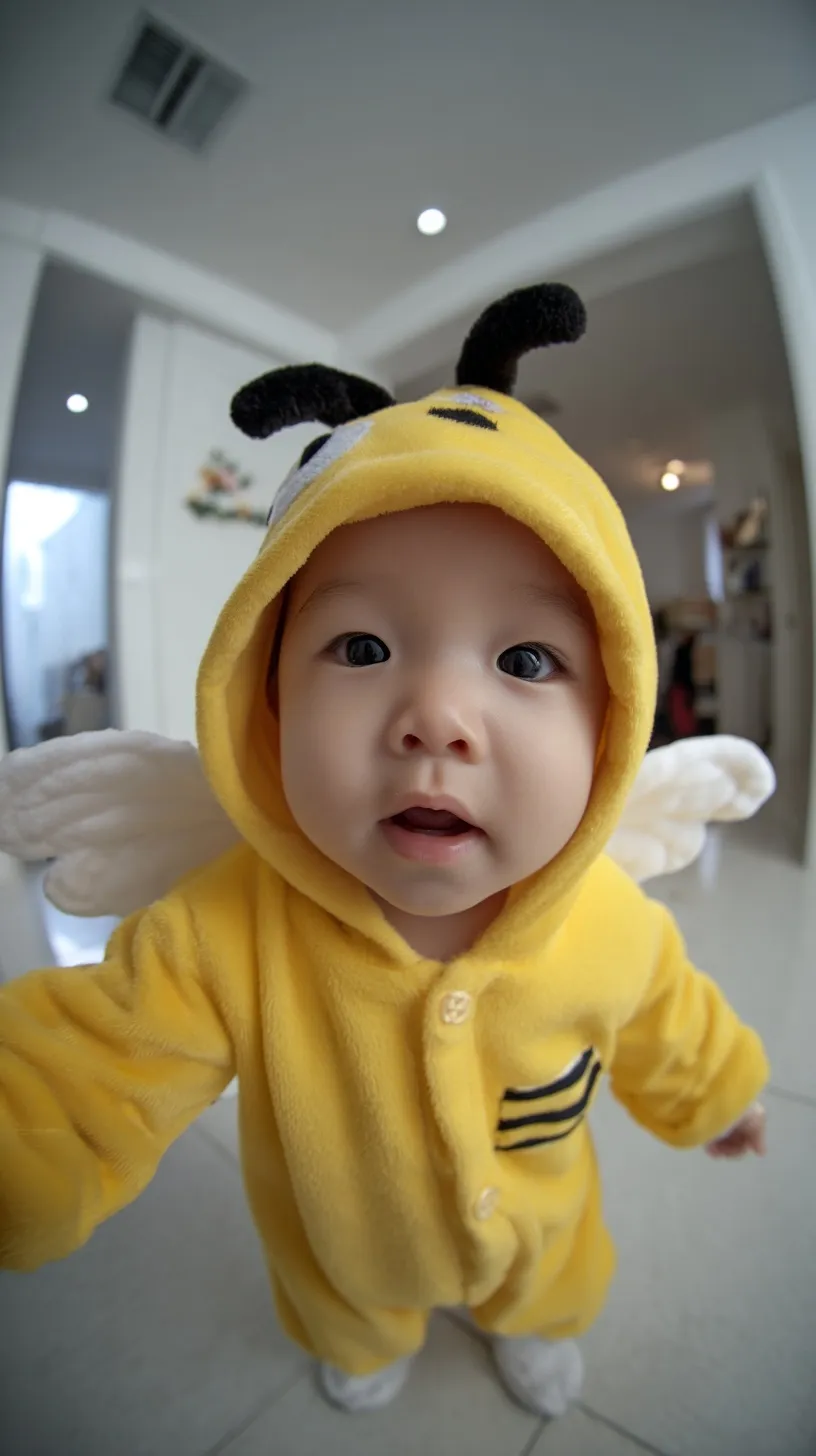 A cute Korean baby in a yellow bee costume with fuzzy antennae, captured in a detailed, photorealistic fisheye shot.