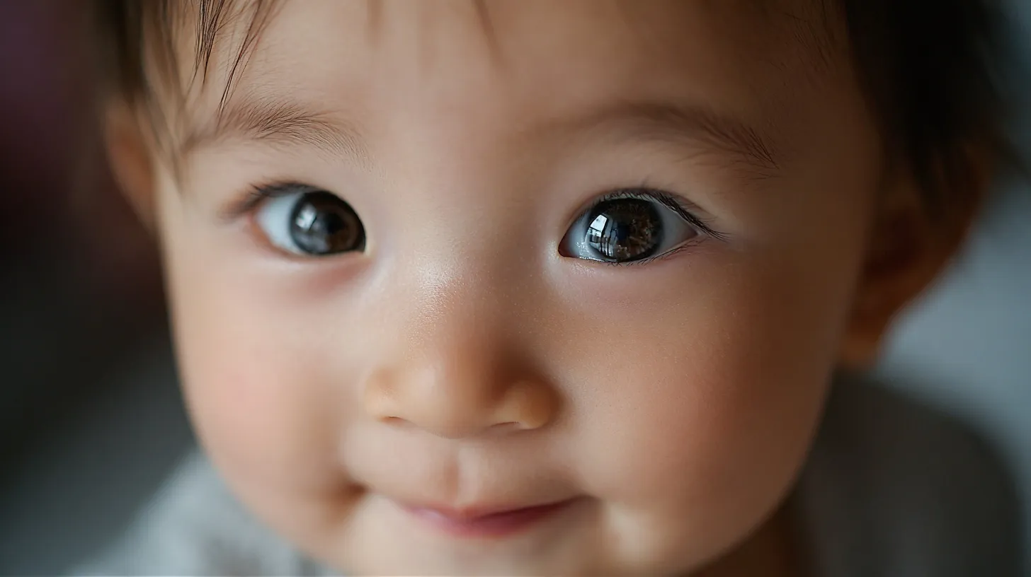 Close-up of an adorable 1-year-old Chinese baby with crystal-clear eyes and a gentle smile, high-quality AI portrait.