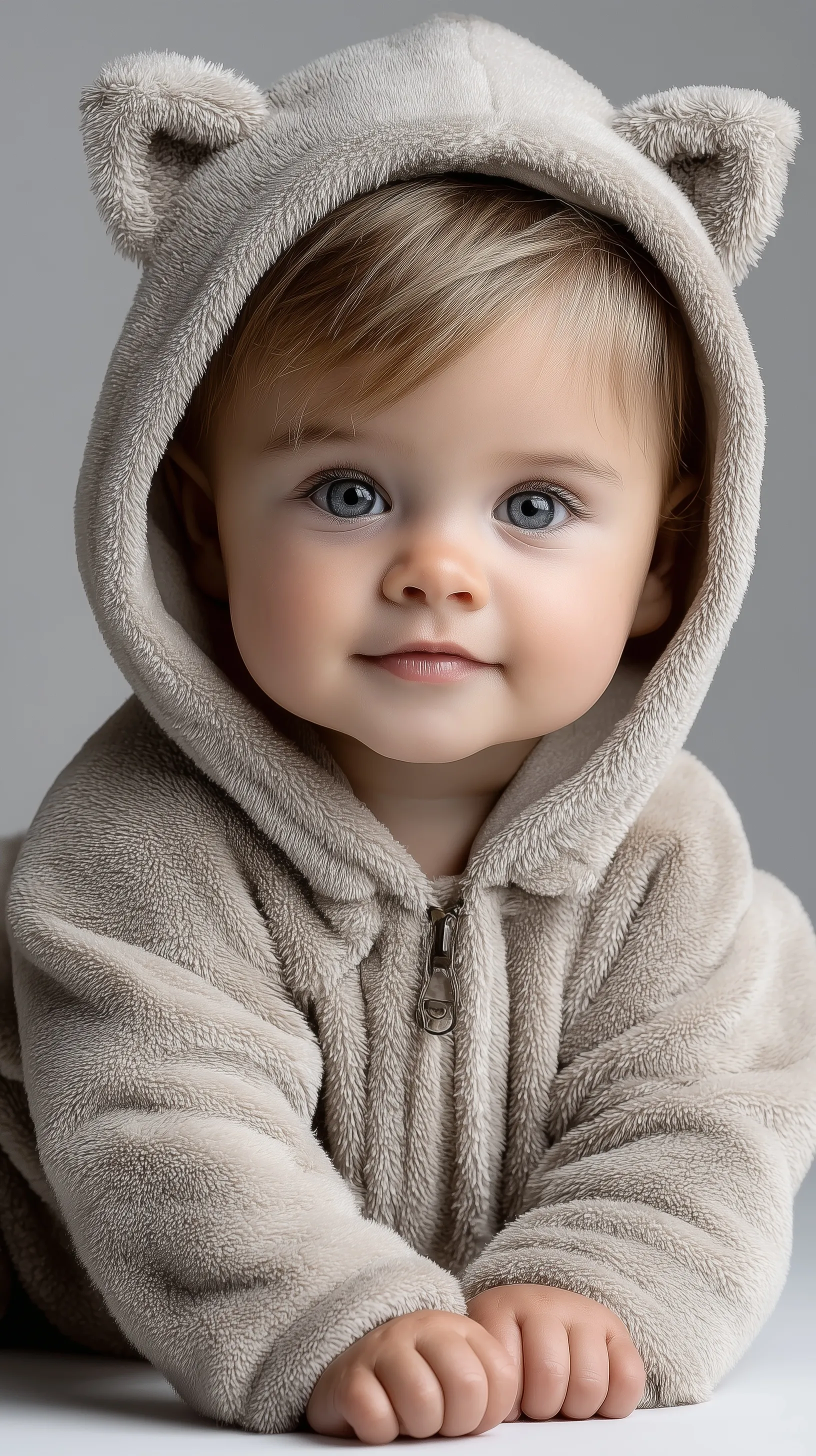 A cute, funny AI-generated baby portrait with a joyful expression, perfect for whimsical digital projects.