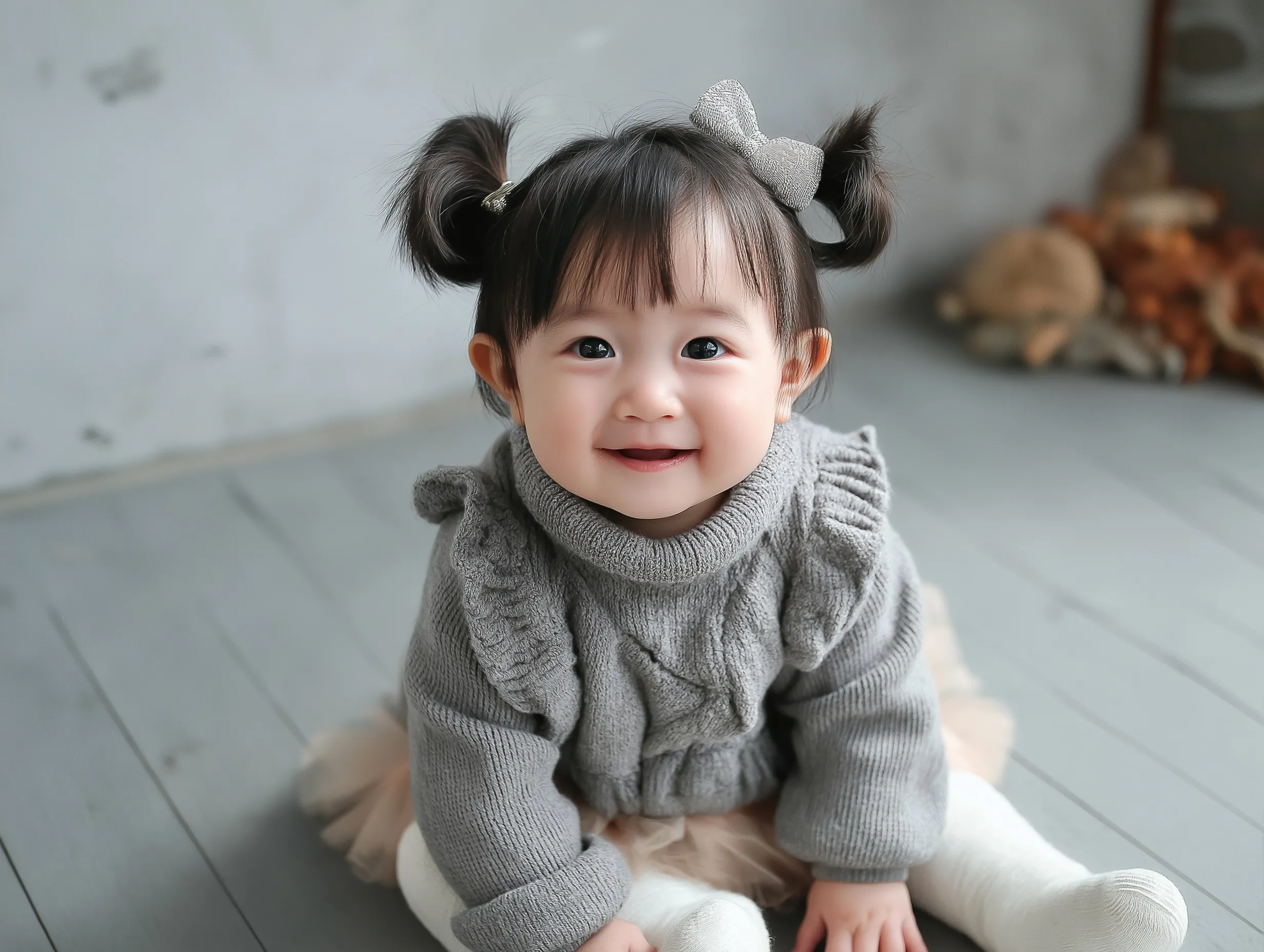 Cute East Asian baby girl with double buns wearing a grey knitted sweater and tutu skirt, smiling sweetly.