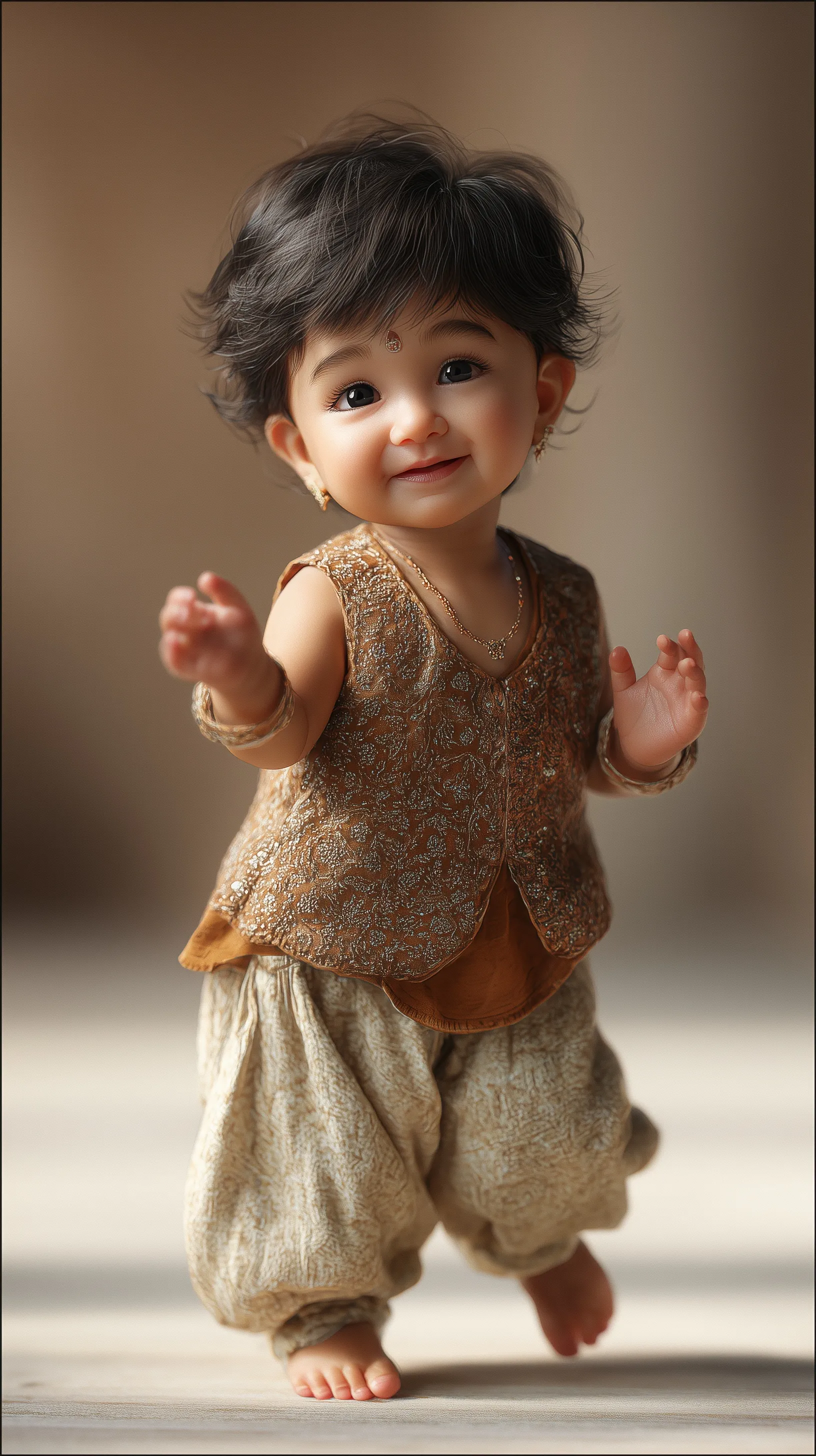 A cute Indian baby boy with glowing skin dancing joyfully in a studio, captured in hyper-realistic 8K detail.