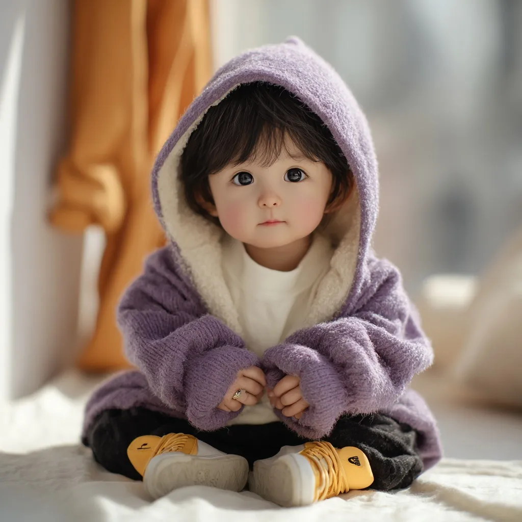 Cute Asian baby in a purple hoodie, baggy pants, and yellow sneakers, standing in a cozy, soft-lit indoor setting.