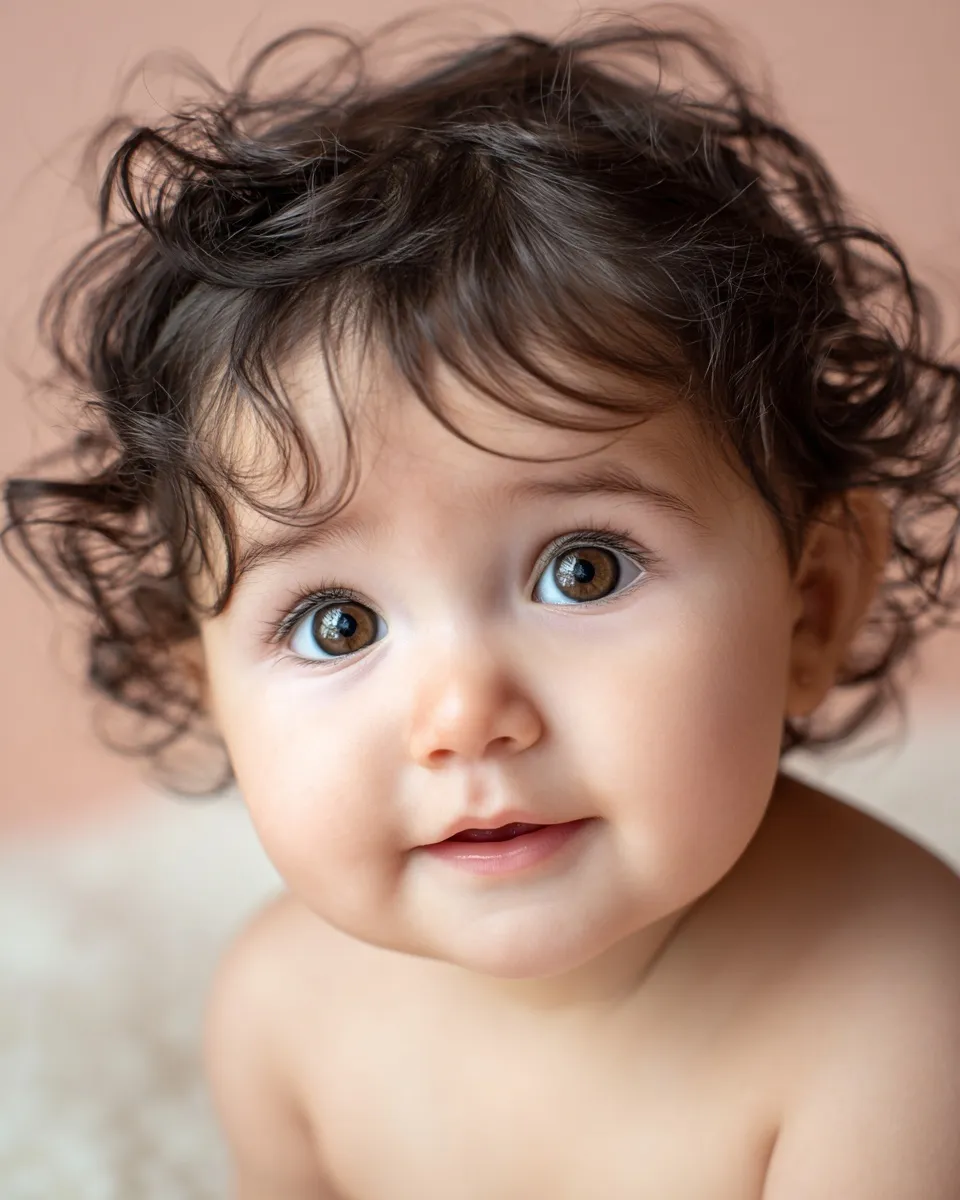 A cute 6-month-old Mediterranean baby with dark curly hair and expressive brown eyes on a soft pastel background.