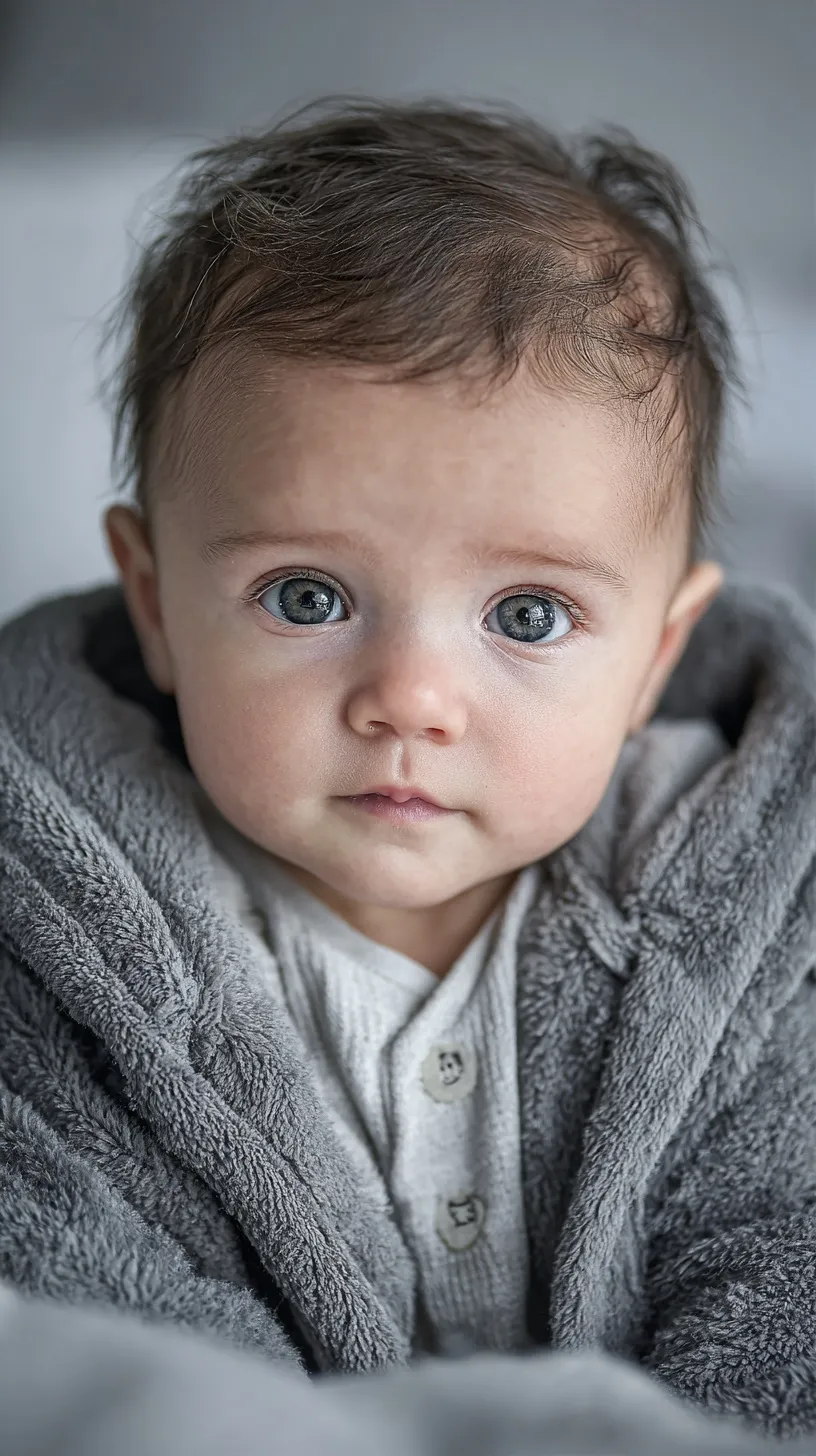 Hyper-realistic portrait of an adorable American baby with silver eyes wearing a white onesie in a crib.