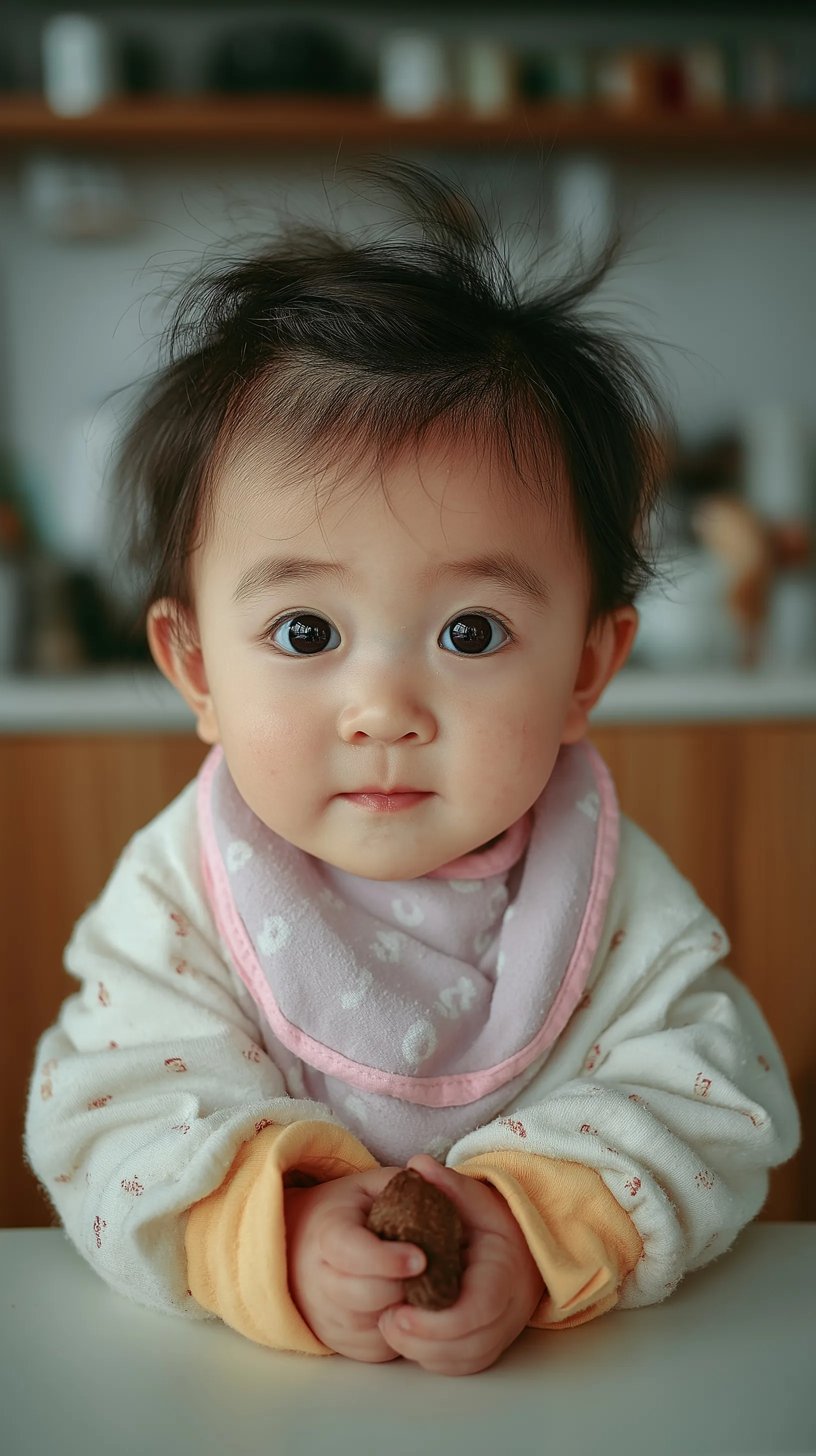 Cute Chinese baby in a high chair wearing a patterned top and bib, holding an object, looking at the camera.