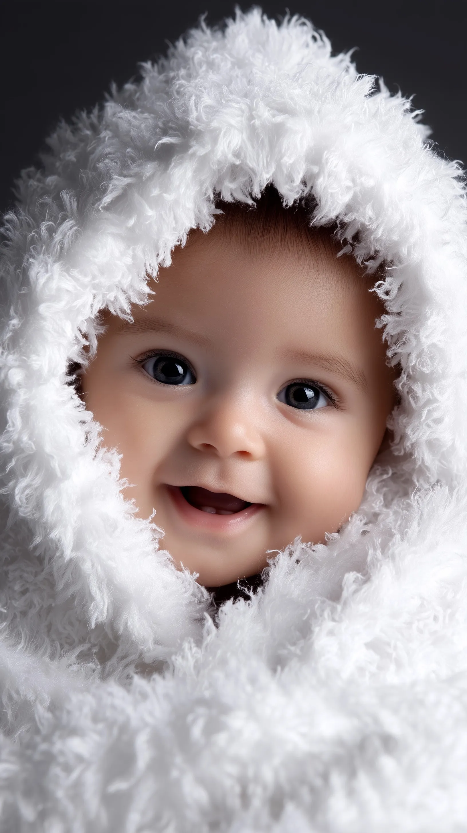 A super realistic, high-quality portrait of a cute newborn baby smiling on a dark gradient background.
