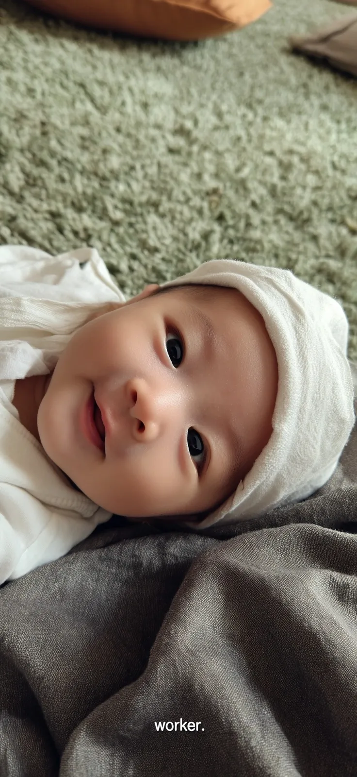 A cute AI-generated Asian newborn baby lying on a soft blanket, smiling with a head-wrap, high-definition style.