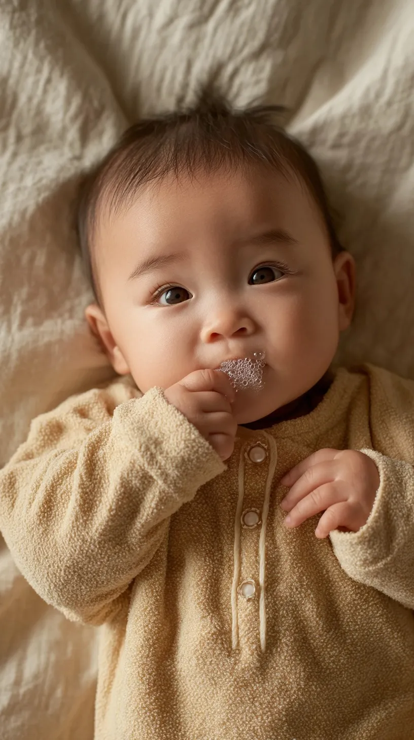 Realistic 4-month-old Japanese baby lying on a futon, blowing bubbles with a cozy onesie in natural soft lighting.