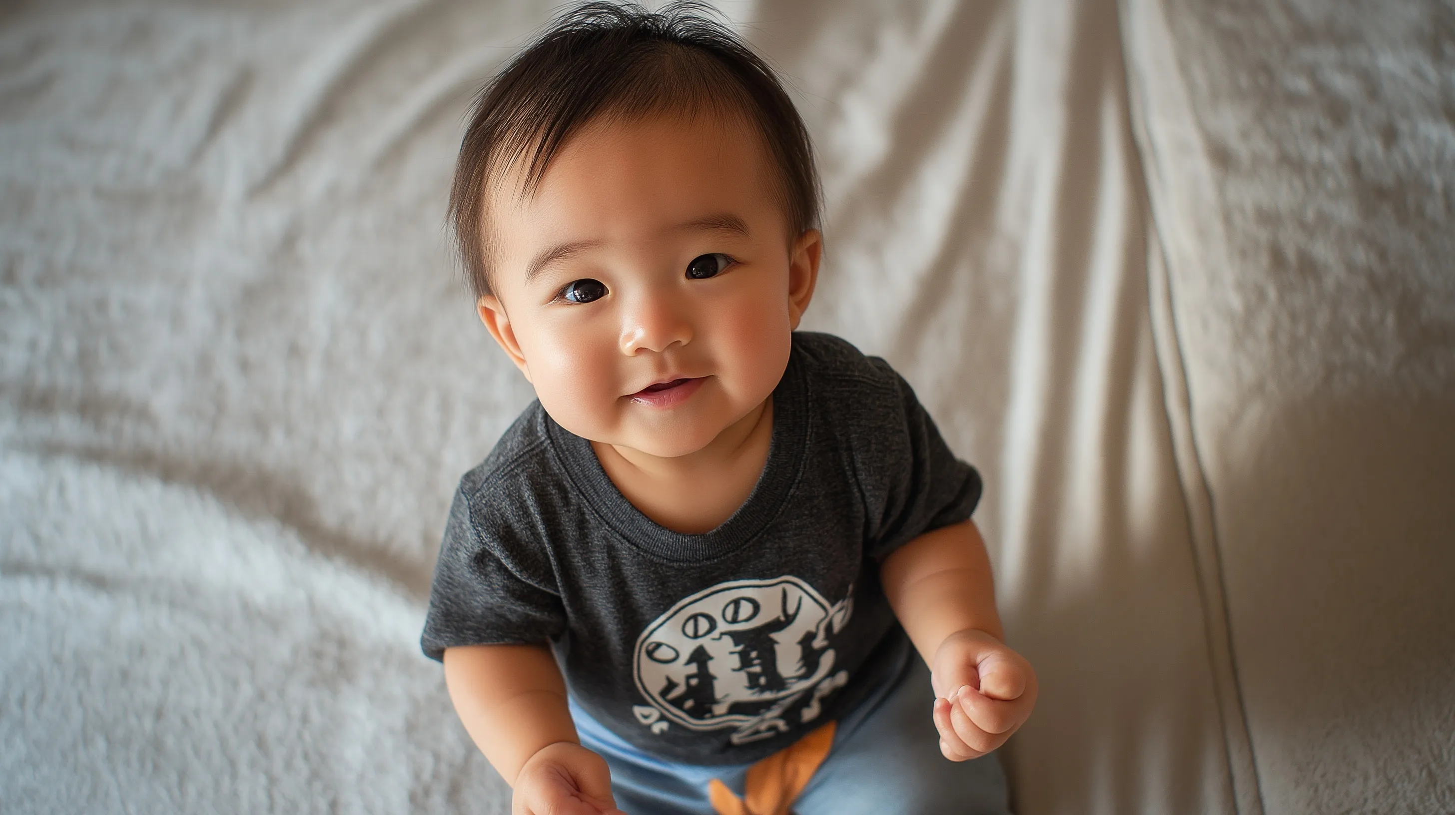 A cute AI-generated baby standing while wearing a Japanese 6-month-old size T-shirt.