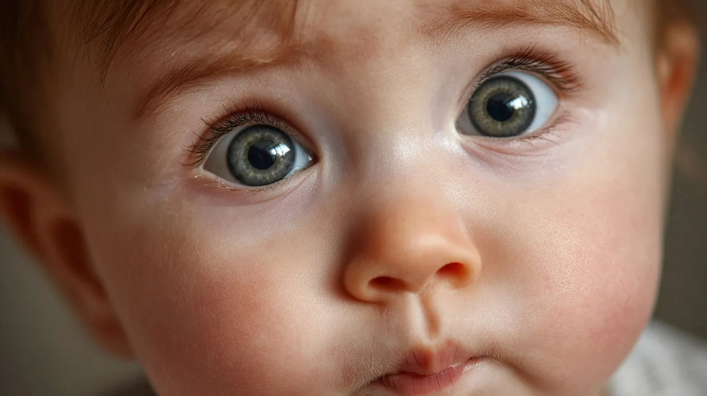 A close-up of a cute AI baby with a skeptical facial expression, raised eyebrows, and detailed eyes.