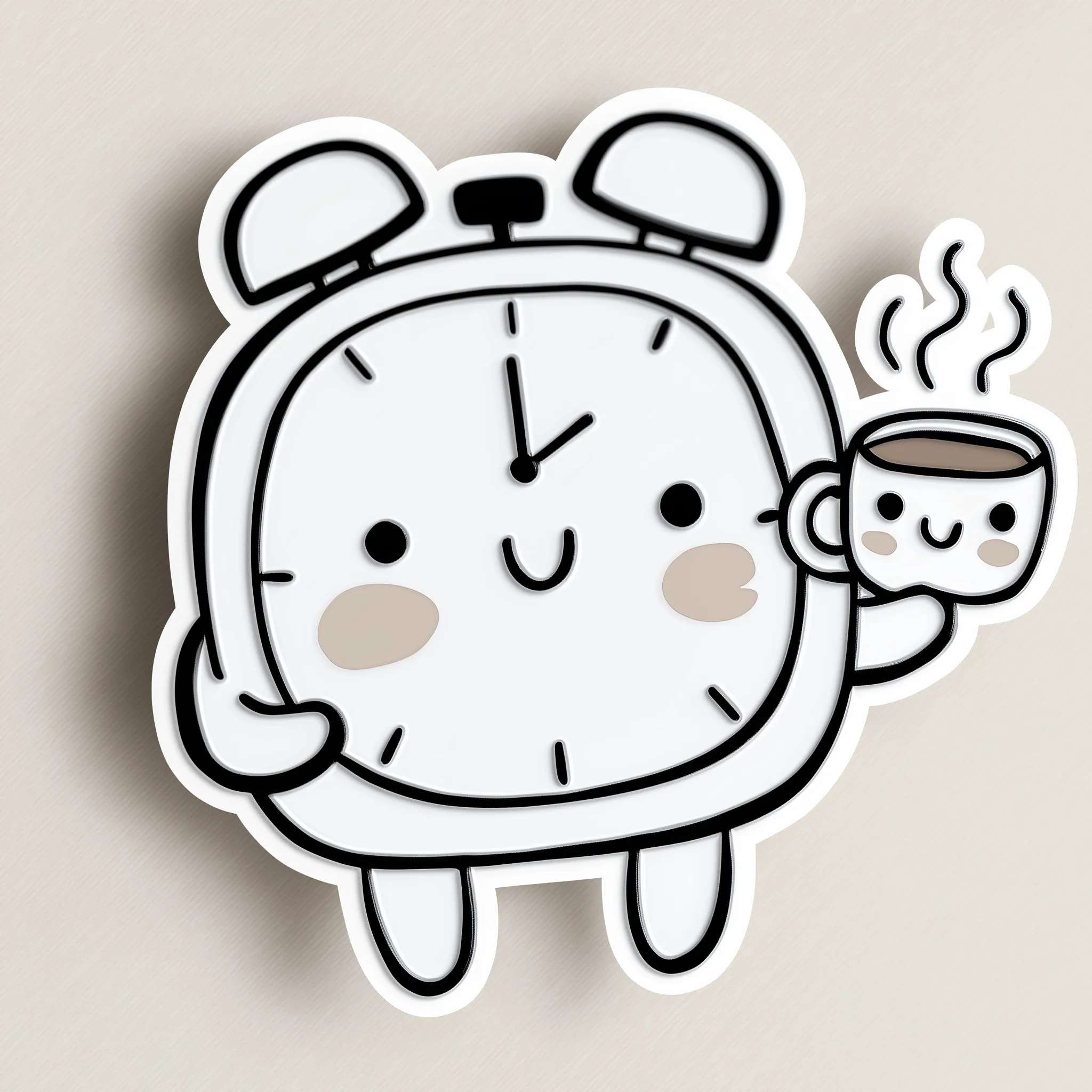A cute, happy cartoon clock with a smiling face holding a steaming cup of coffee clipart.