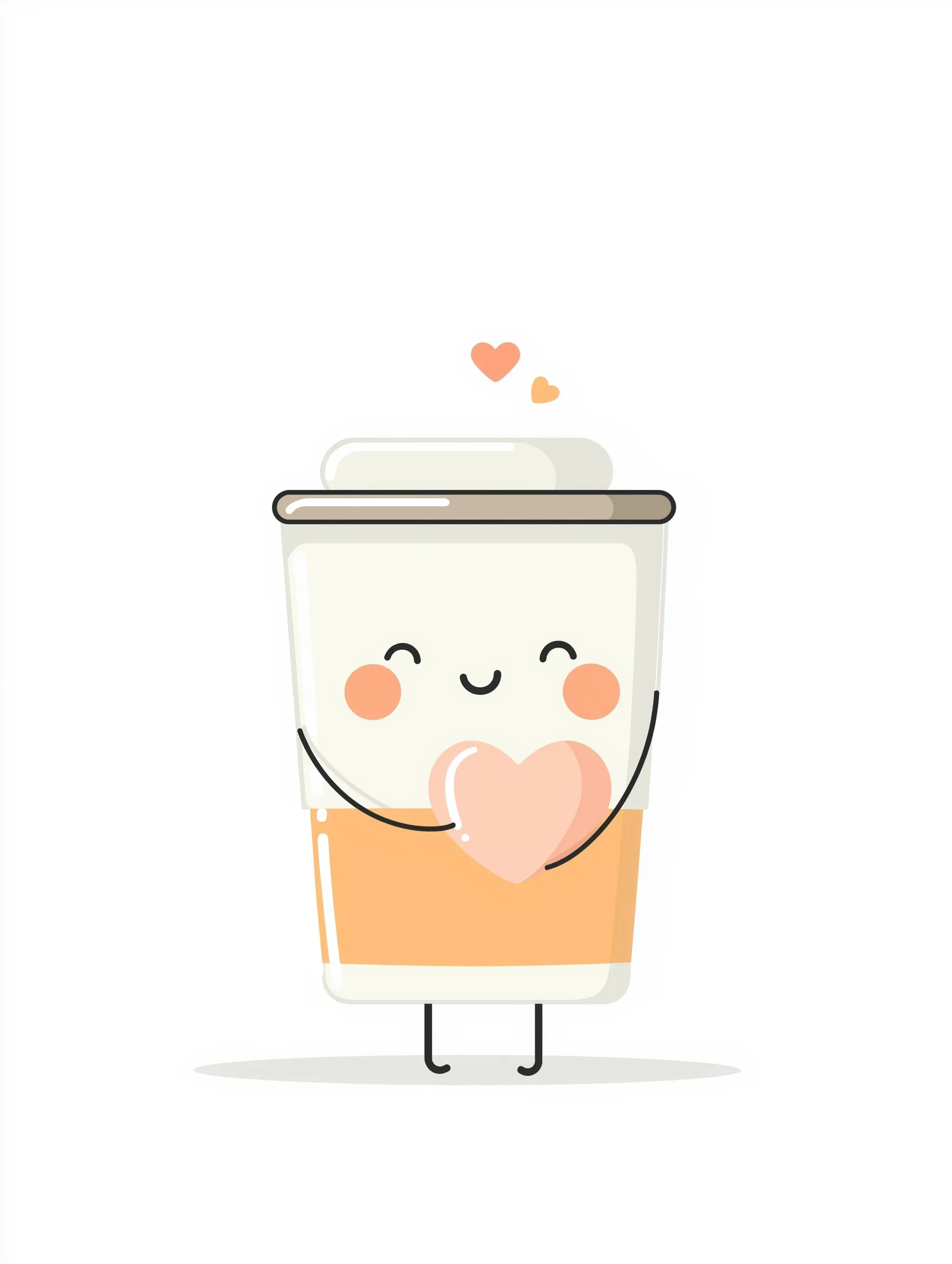 Cute cartoon coffee cup character with a smiling face holding a pastel pink heart on a clean white background.
