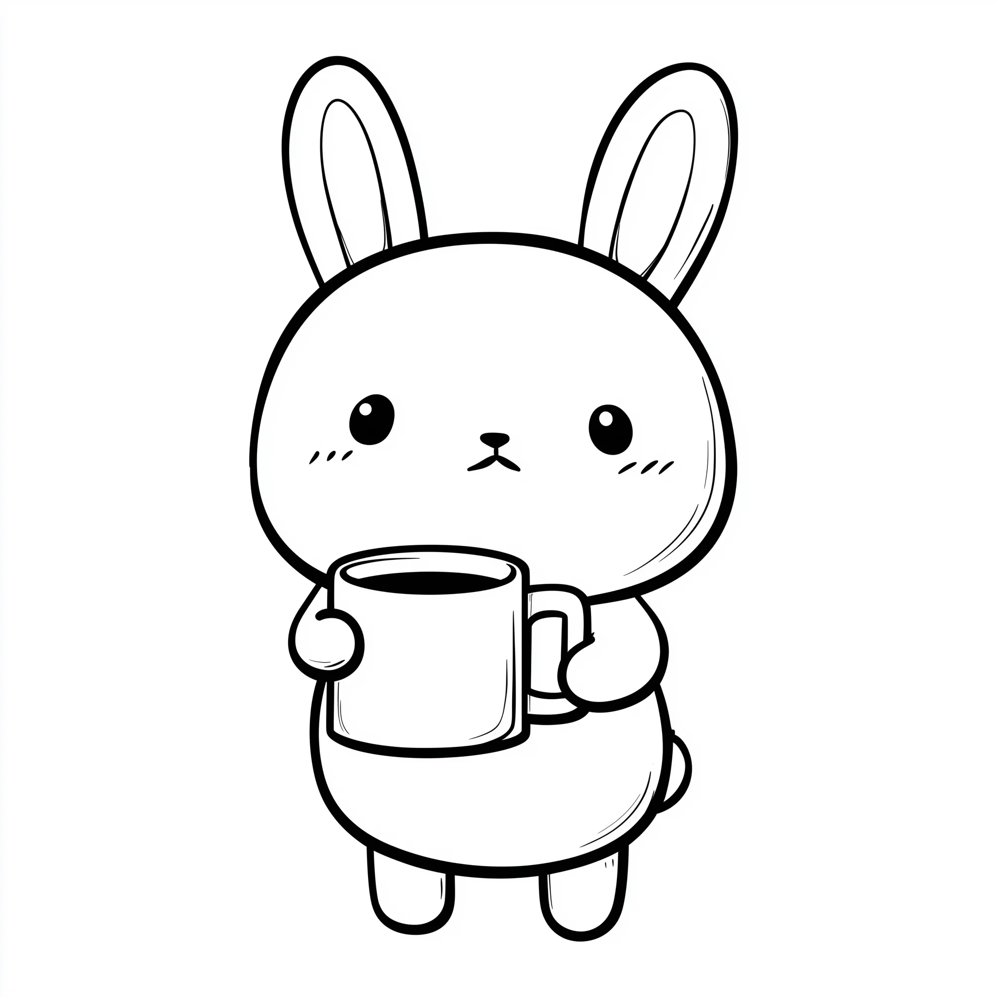 Kawaii bunny holding a coffee mug, simple black and white line art clipart on a white background.
