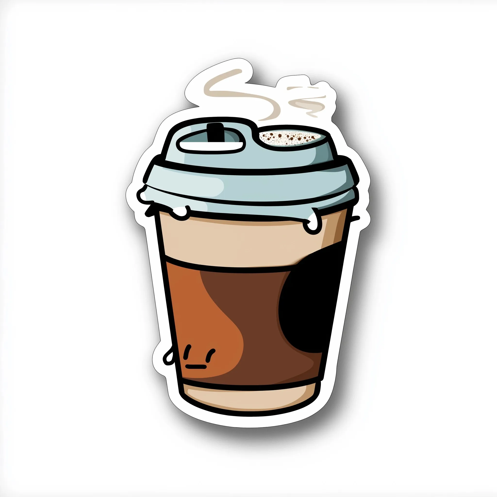 A cute coffee cup sticker in a fun cartoon style, perfect for digital design and printable crafts.