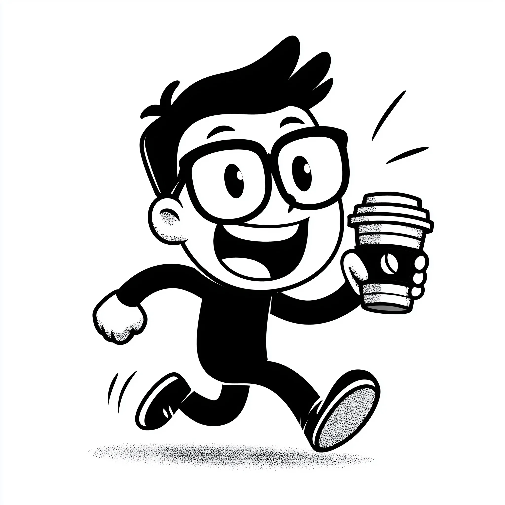 A cute cartoon character running and smiling while holding a takeaway coffee cup, black and white vector logo.
