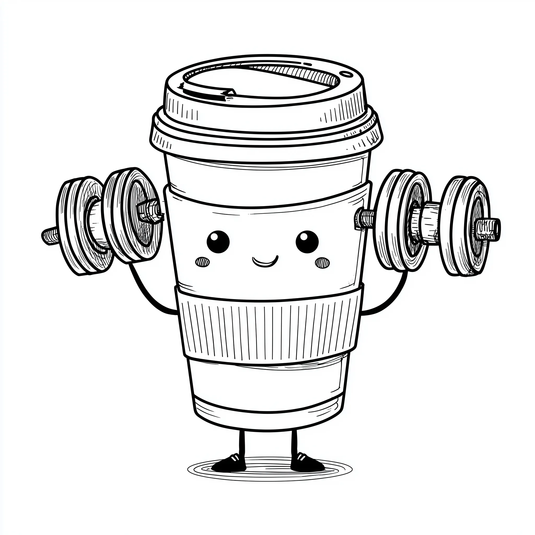 A cute cartoon line drawing of a coffee cup lifting weights on a white background.