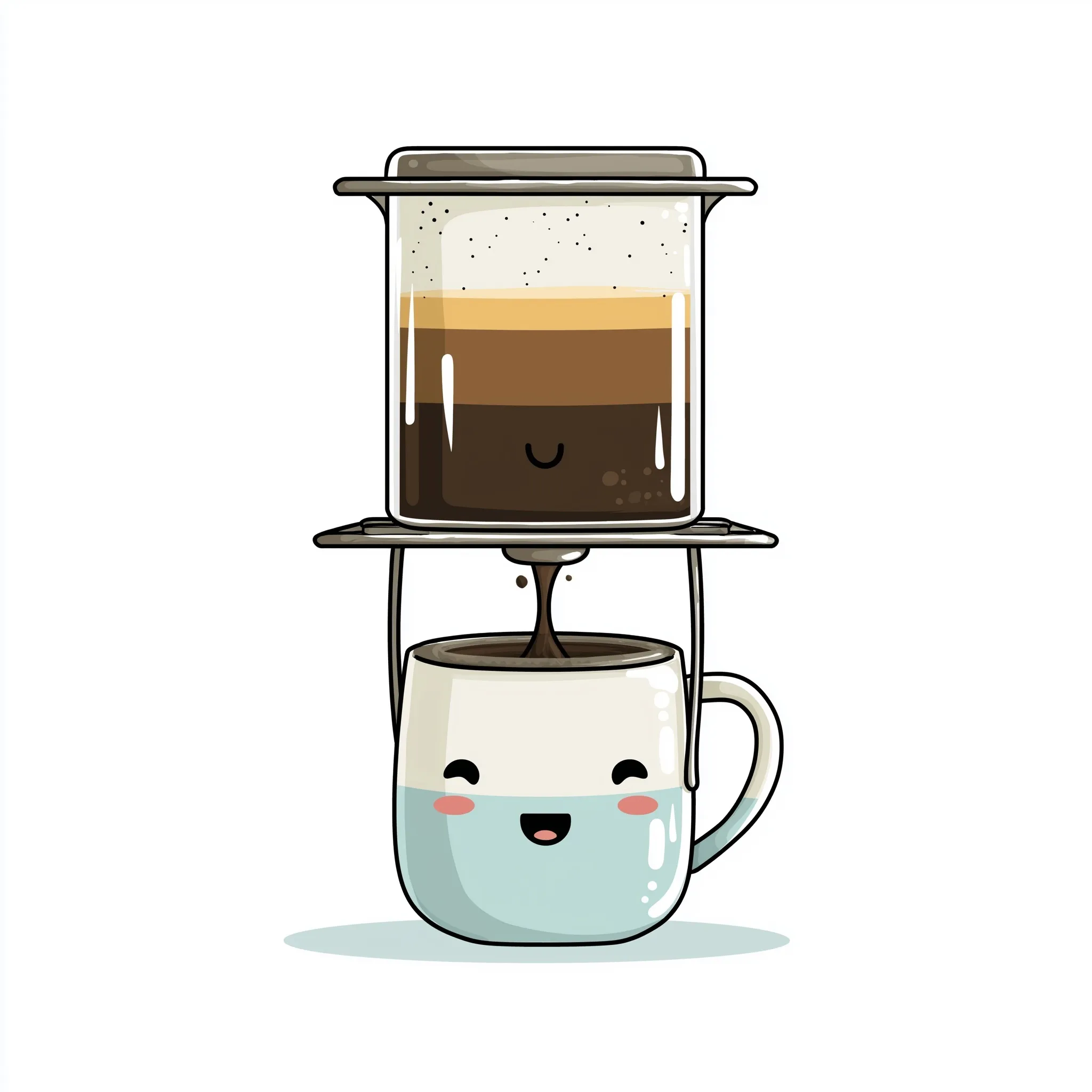 A cute, kawaii-style Vietnamese coffee drip clipart with a happy face, pastel colors, and clean vector outlines.