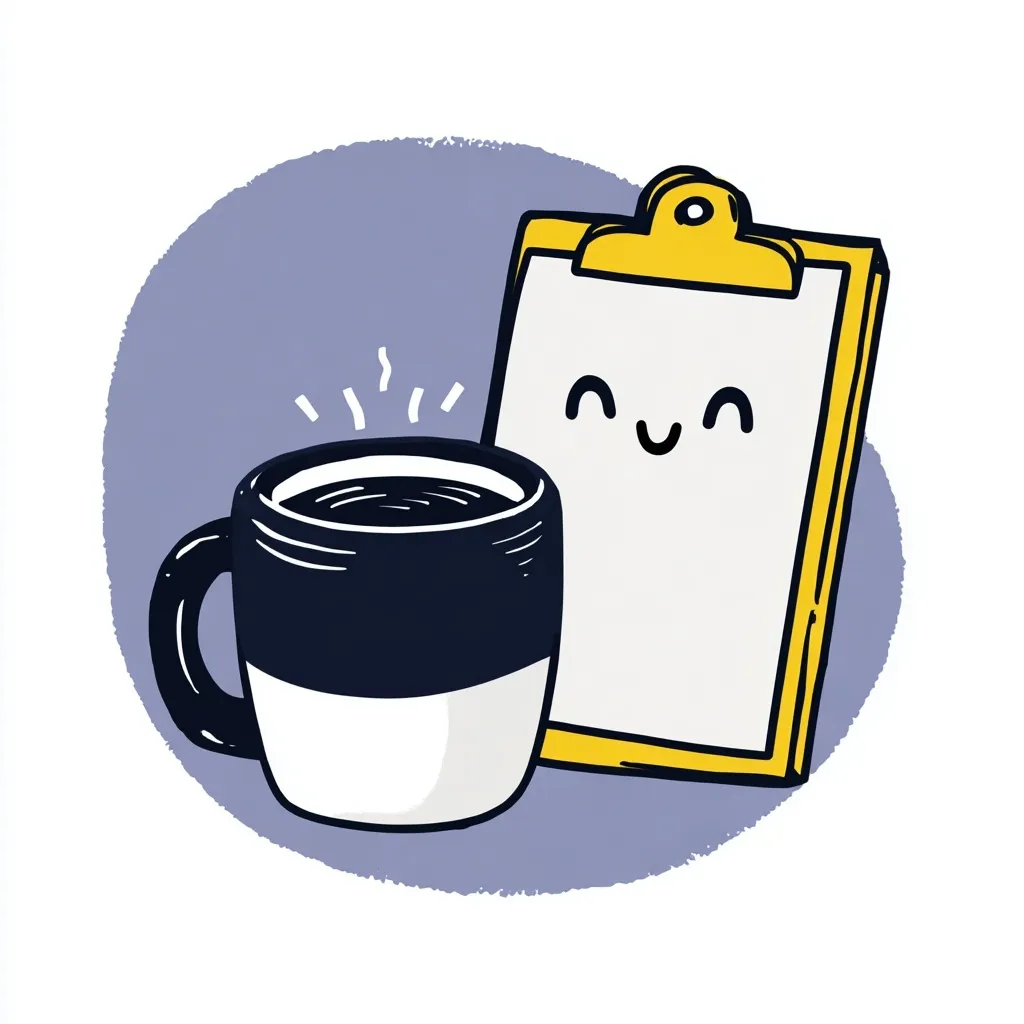 Cute coffee mug and smiling clipboard clipart in lavender, butter yellow, and navy isolated on white background.
