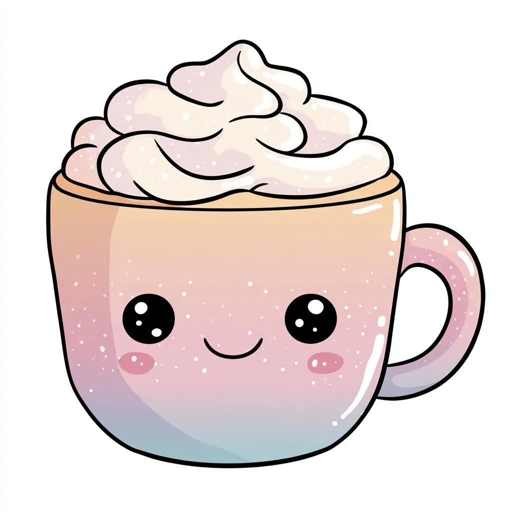 A cute kawaii coffee mug clipart with a happy face, whipped cream, and a thick sticker-style outline.