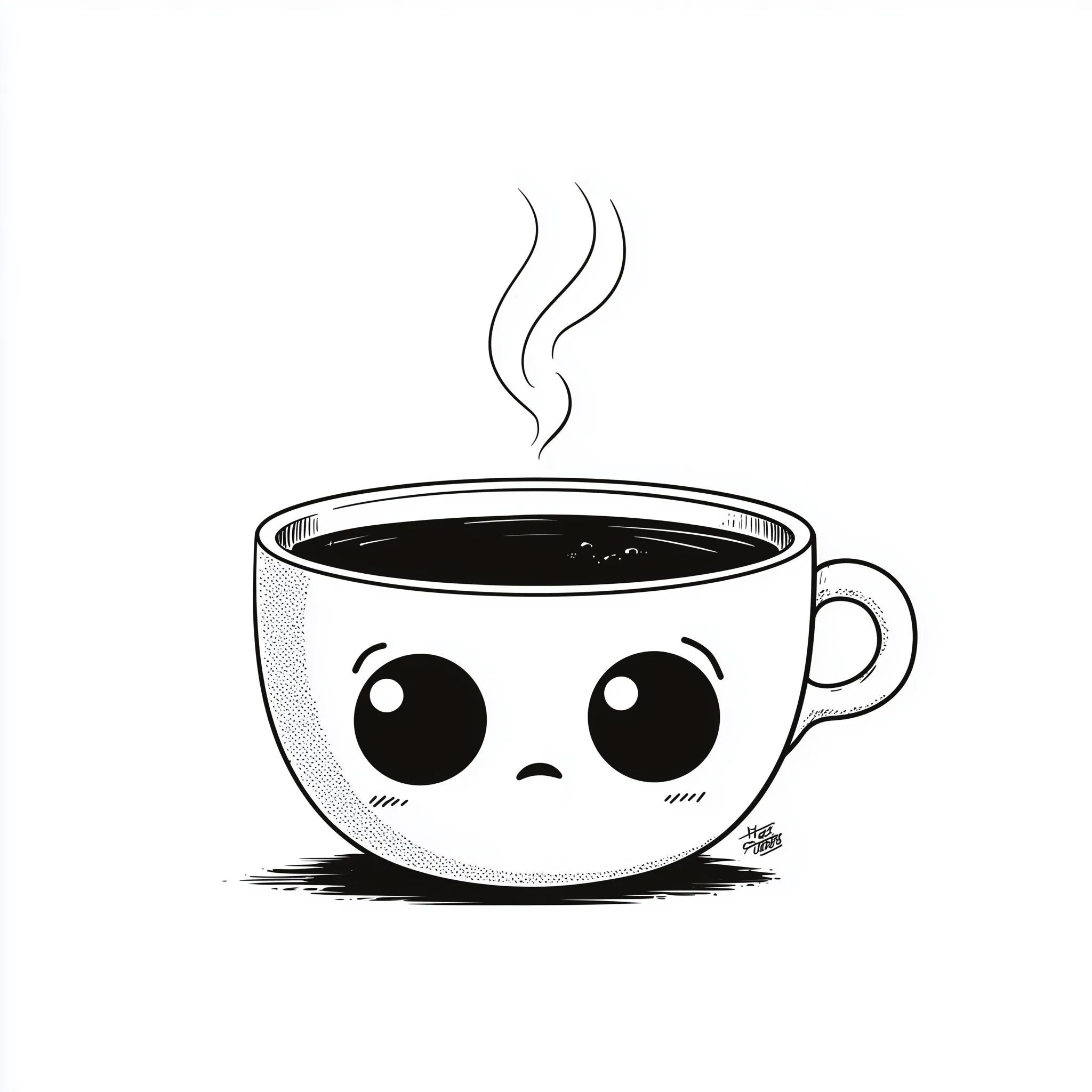 A cute, sad coffee mug clipart in minimalist kawaii black and white vector line art style.