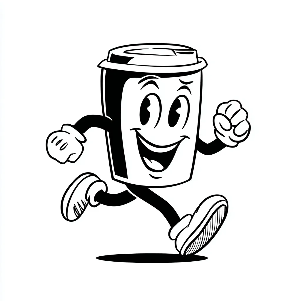 A retro 1930s-style running coffee cup character with a smiling face, black outline vector art on white.