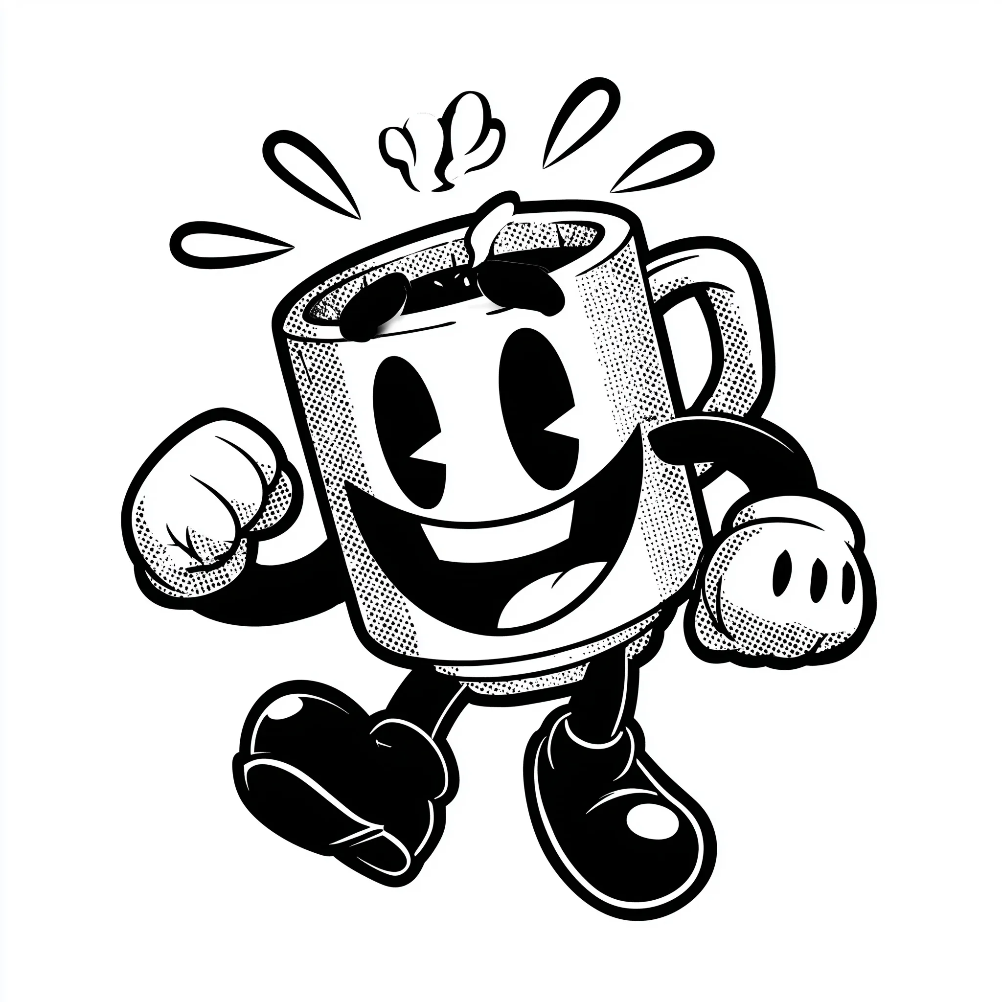 A cute vintage coffee mug mascot in a smiling 1930s cartoon outline style, vector illustration.