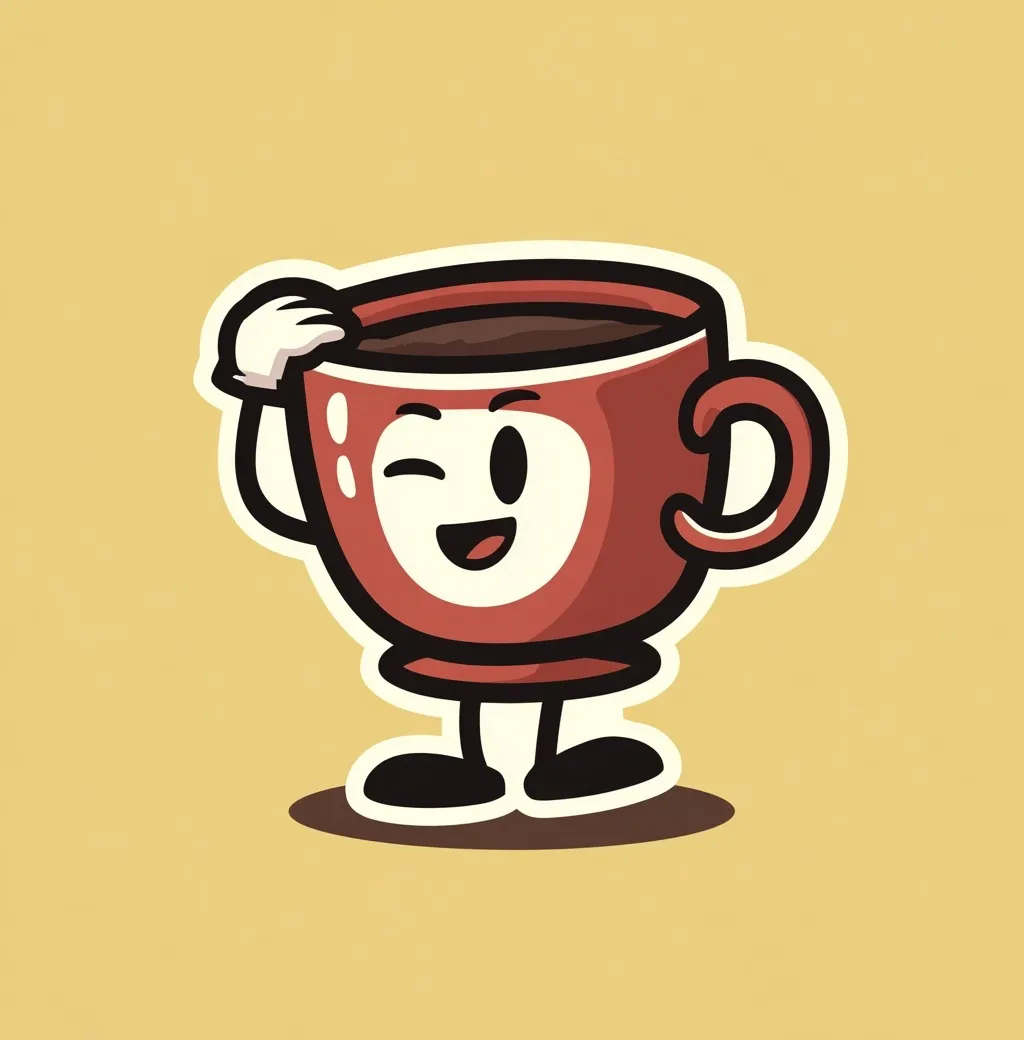 Cute retro coffee cup character sticker with white gloves and happy expression, thick outline, vector illustration.
